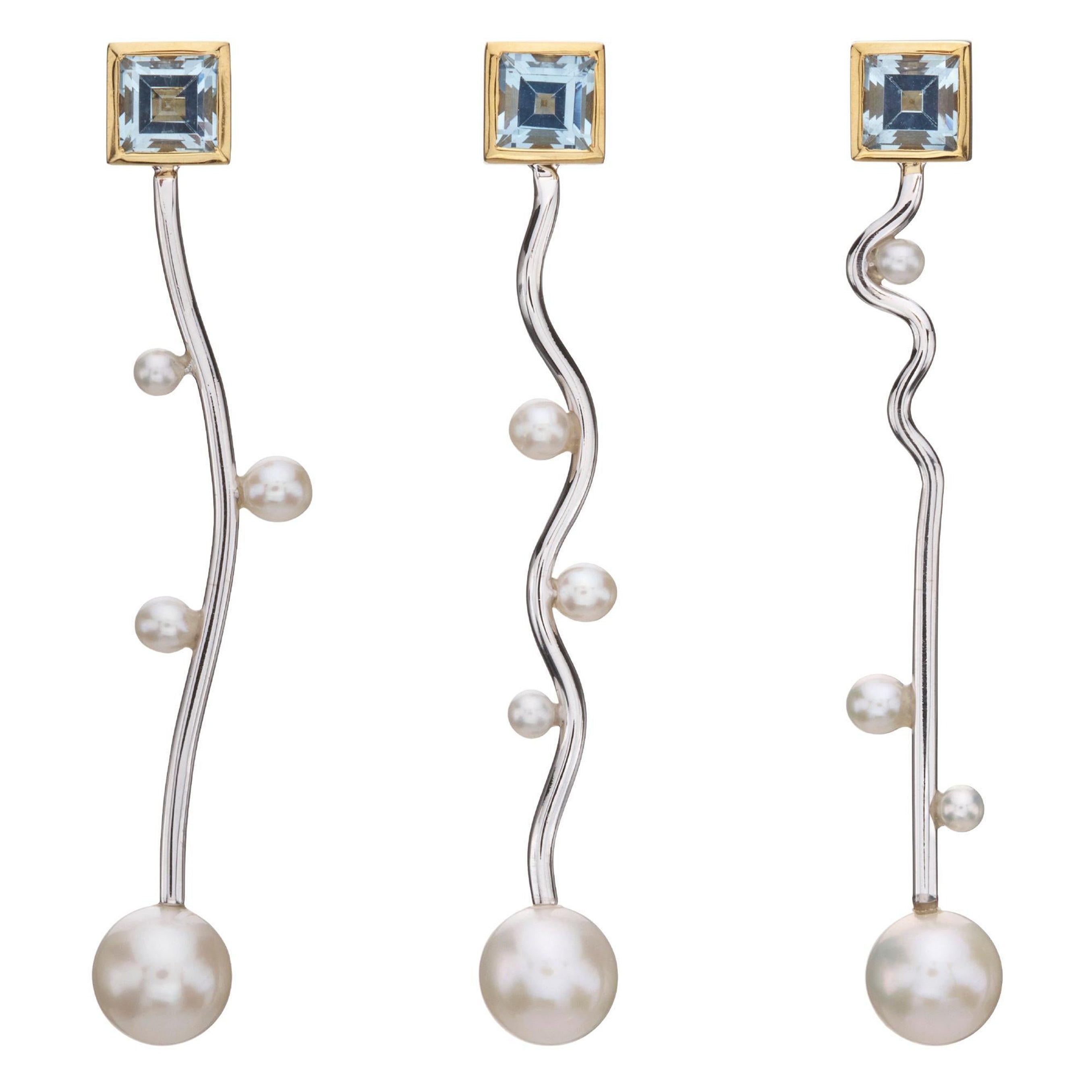 Pendientes Mar Azul Oro Amarillo y Blanco 18kt con Aguamarina y Perlas Atr Object en venta