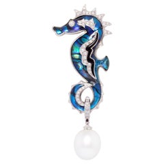 Blue Seahorse Brooch Pin with Diamonds Design by Ella Gafter