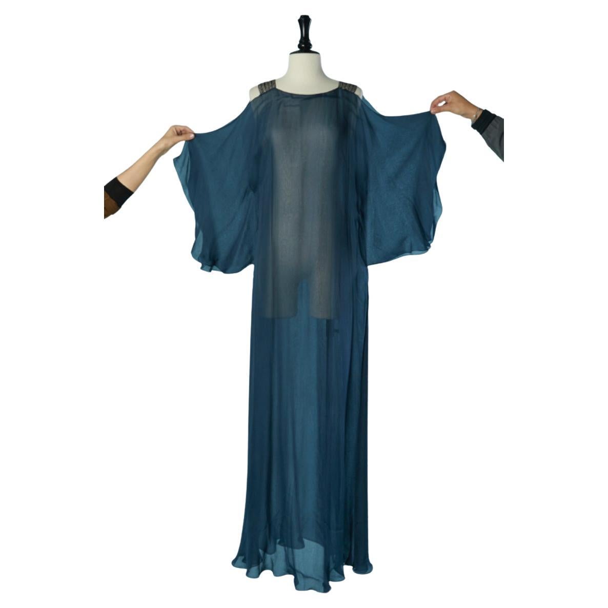 Blue see-through silk chiffon evening dress CHRISTIAN DIOR For Sale