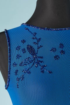 Blue see-through tulle evening dress with black beads Krizia NEW