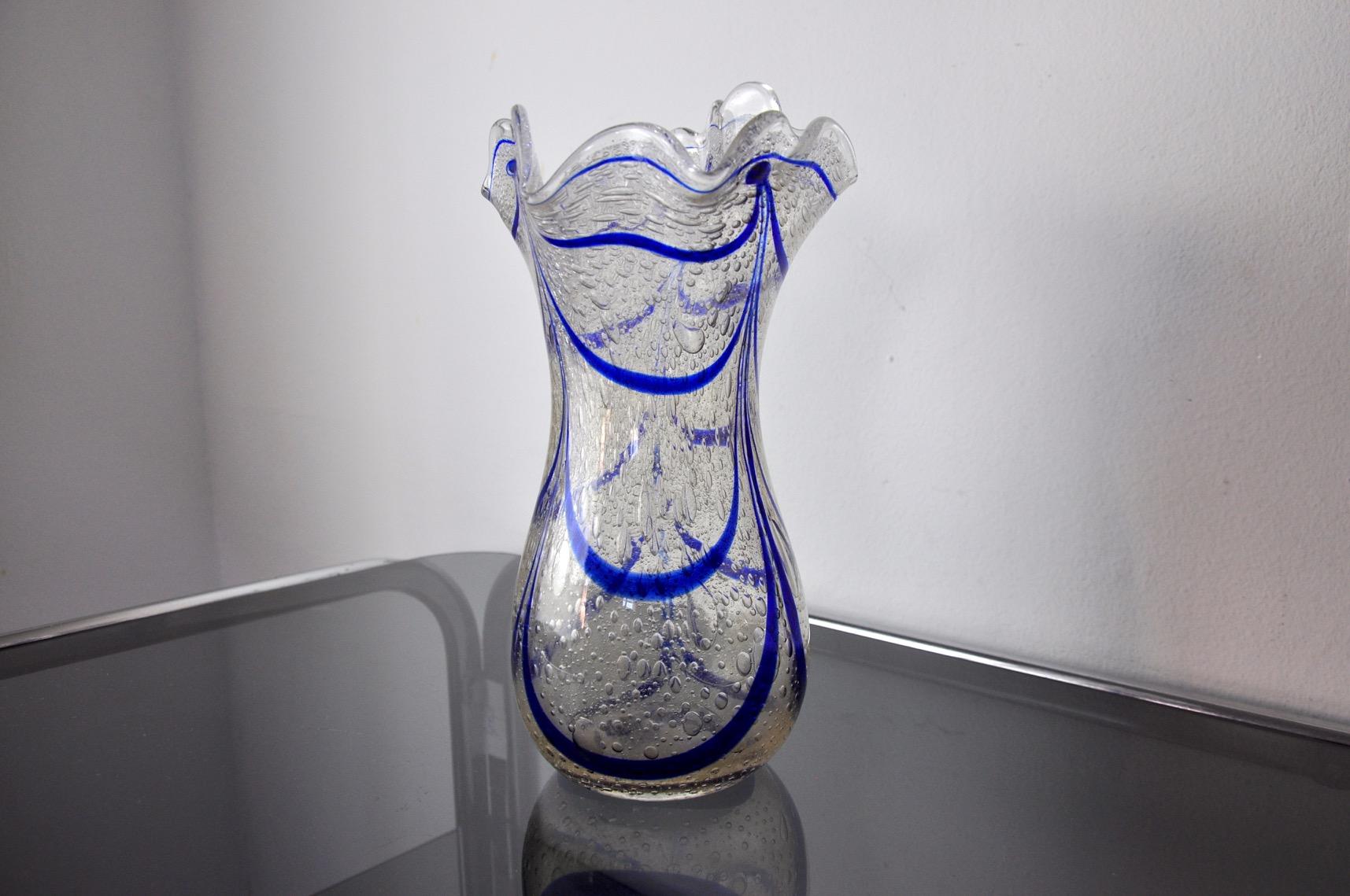 Blue Seguso Vase in Murano Glass, Italy, 1960 In Good Condition For Sale In BARCELONA, ES