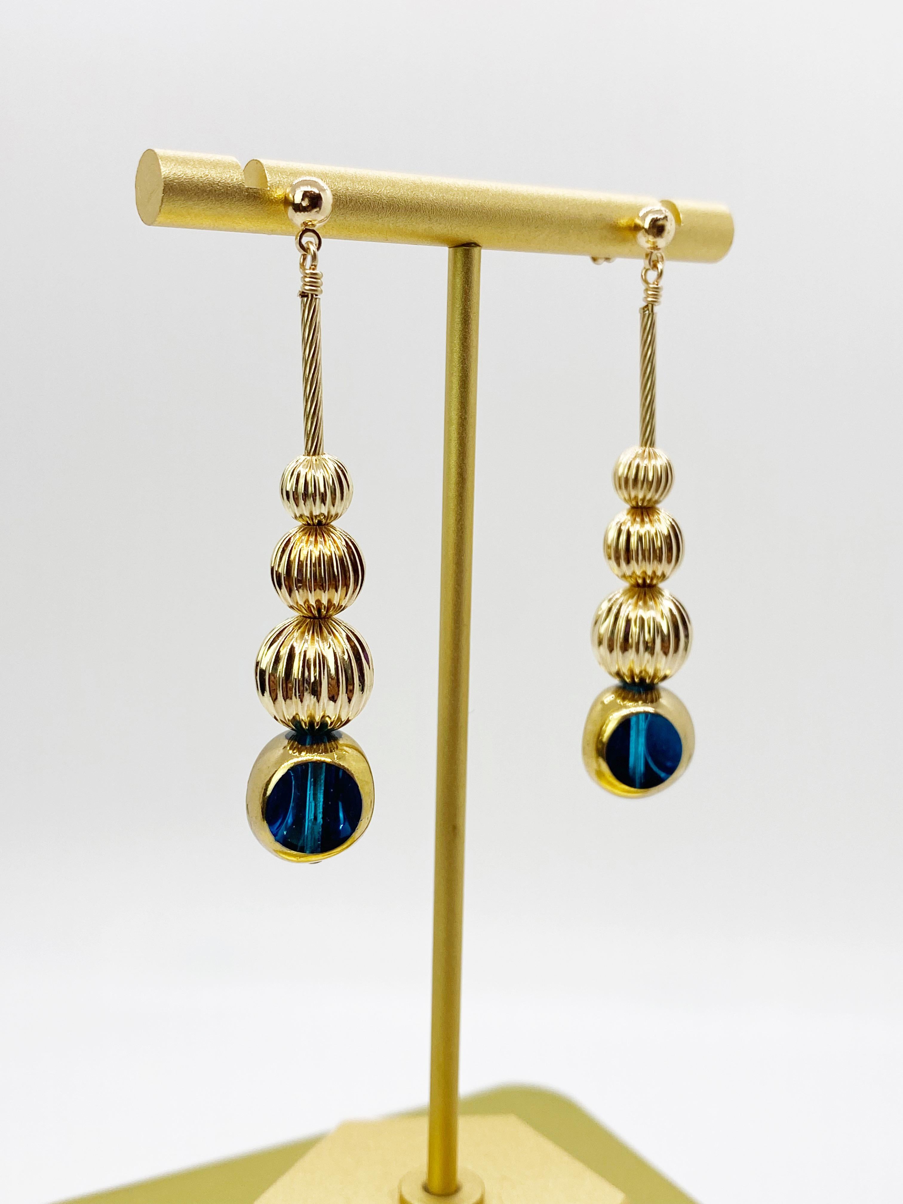 Modern Blue Semi Round German Beads Disco Earrings For Sale
