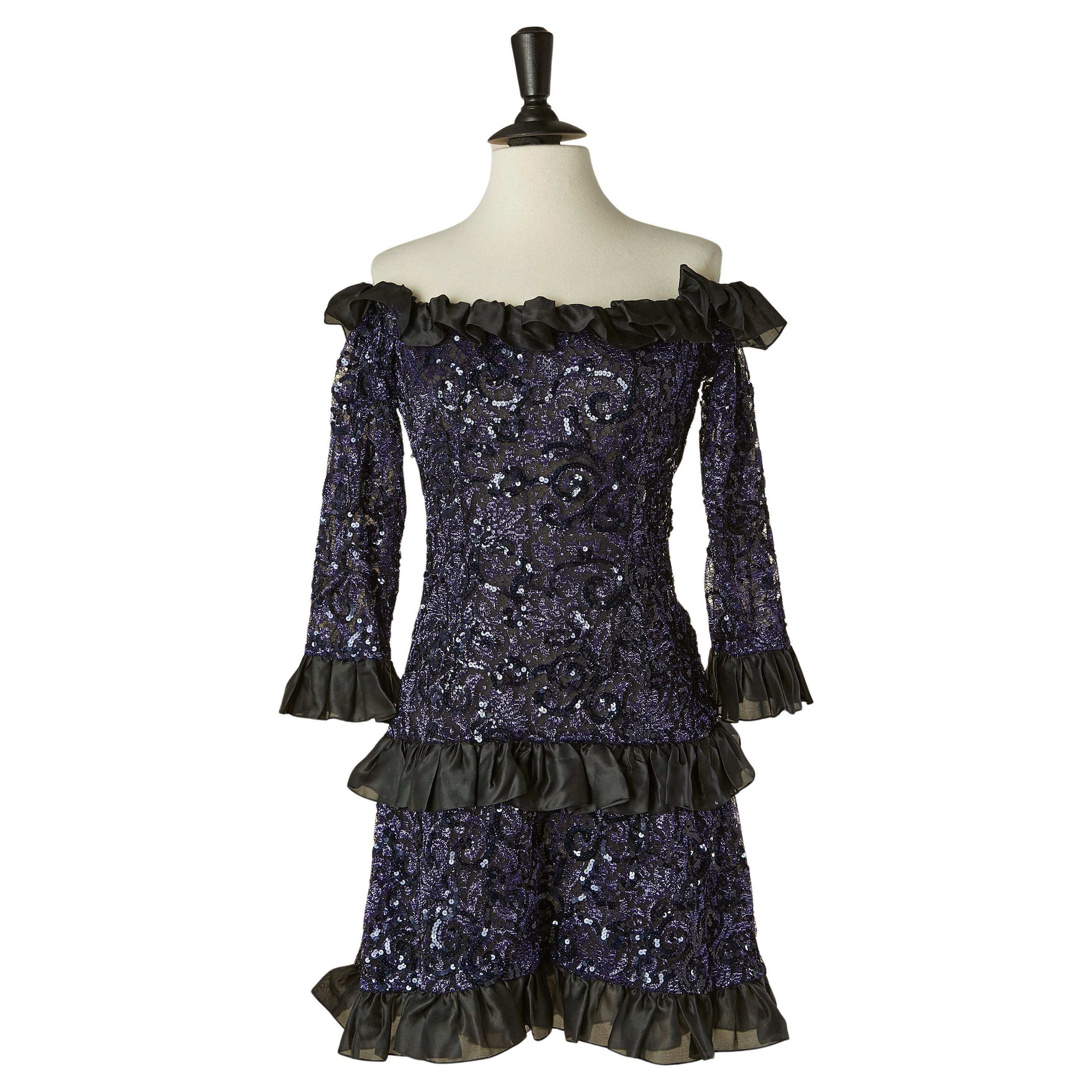 Abito blu in paillettes e pizzo con volant neri SAINT LAURENT RIVE GAUCHE in vendita