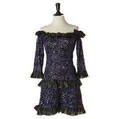 Abito blu in paillettes e pizzo con volant neri SAINT LAURENT RIVE GAUCHE