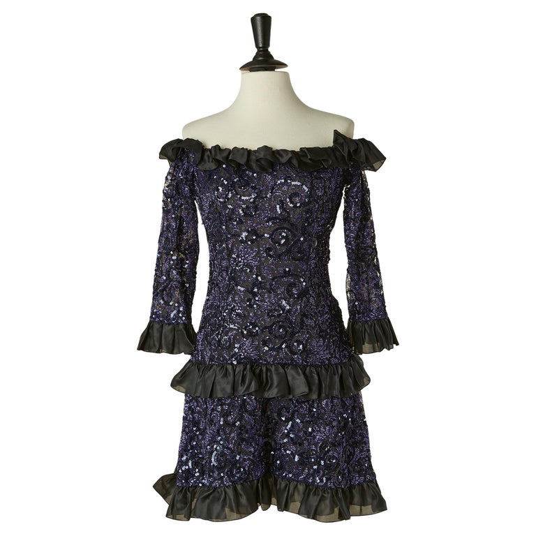 Blue sequin and lace dress with black ruffles SAINT LAURENT RIVE GAUCHE For  Sale at 1stDibs