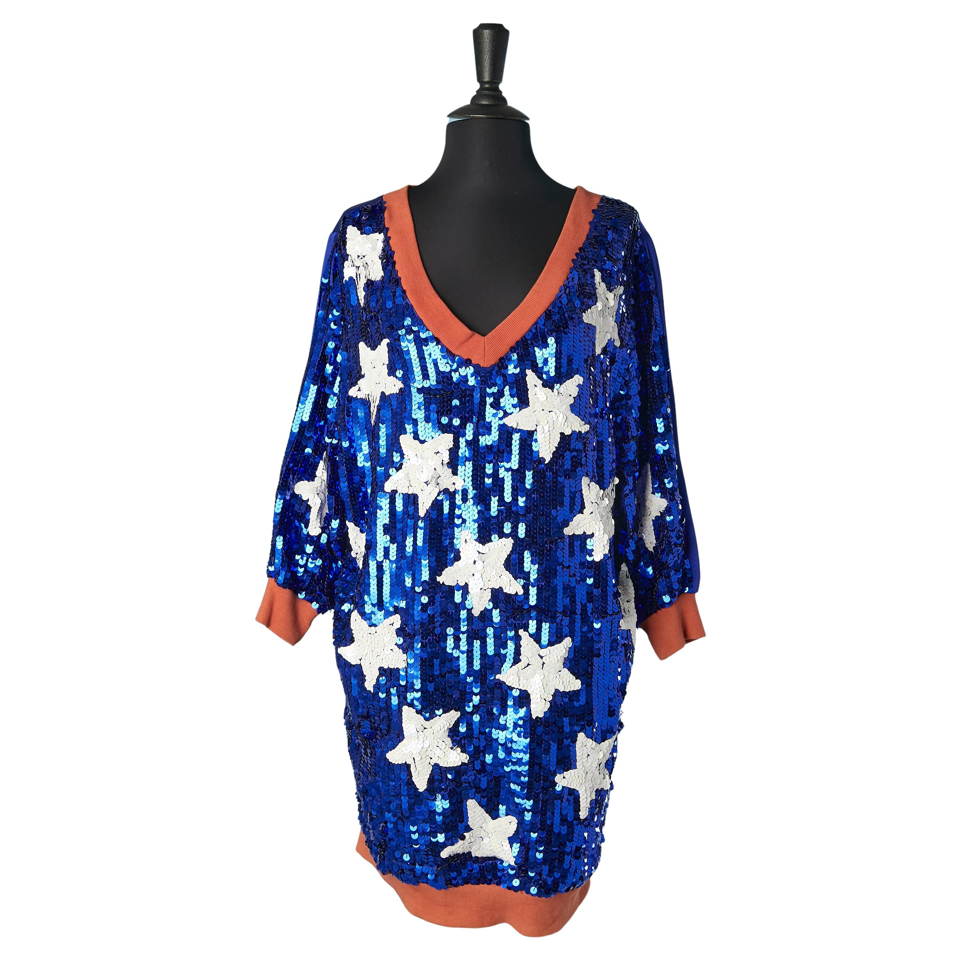 Blue sequin dress with white star sequins pattern JC/DC  For Sale