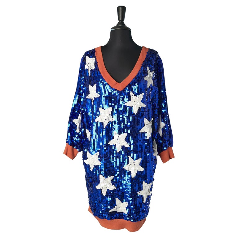 Blue sequin dress with white star sequins pattern JC/DC For Sale at 1stDibs