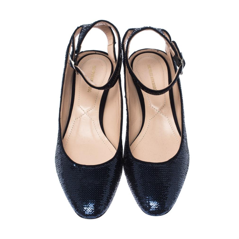 Black Blue Sequins Lola Pearl Embellished Ankle Strap Sandals Size 40