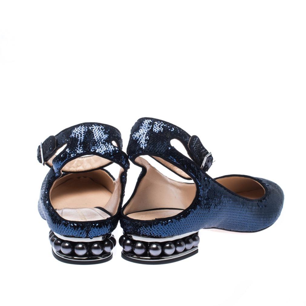 Women's Blue Sequins Lola Pearl Embellished Ankle Strap Sandals Size 40
