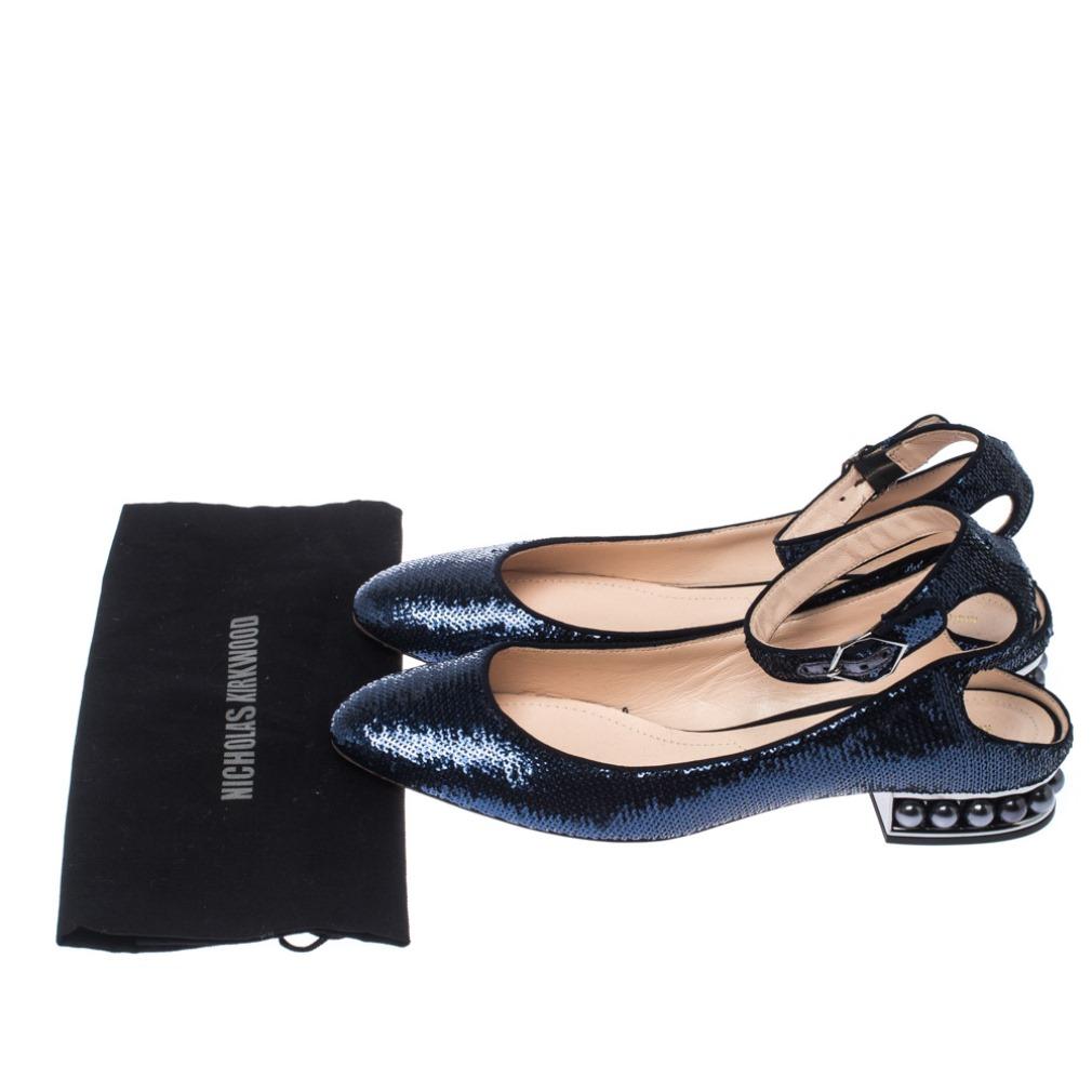 Blue Sequins Lola Pearl Embellished Ankle Strap Sandals Size 40 3