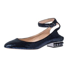 Blue Sequins Lola Pearl Embellished Ankle Strap Sandals Size 40