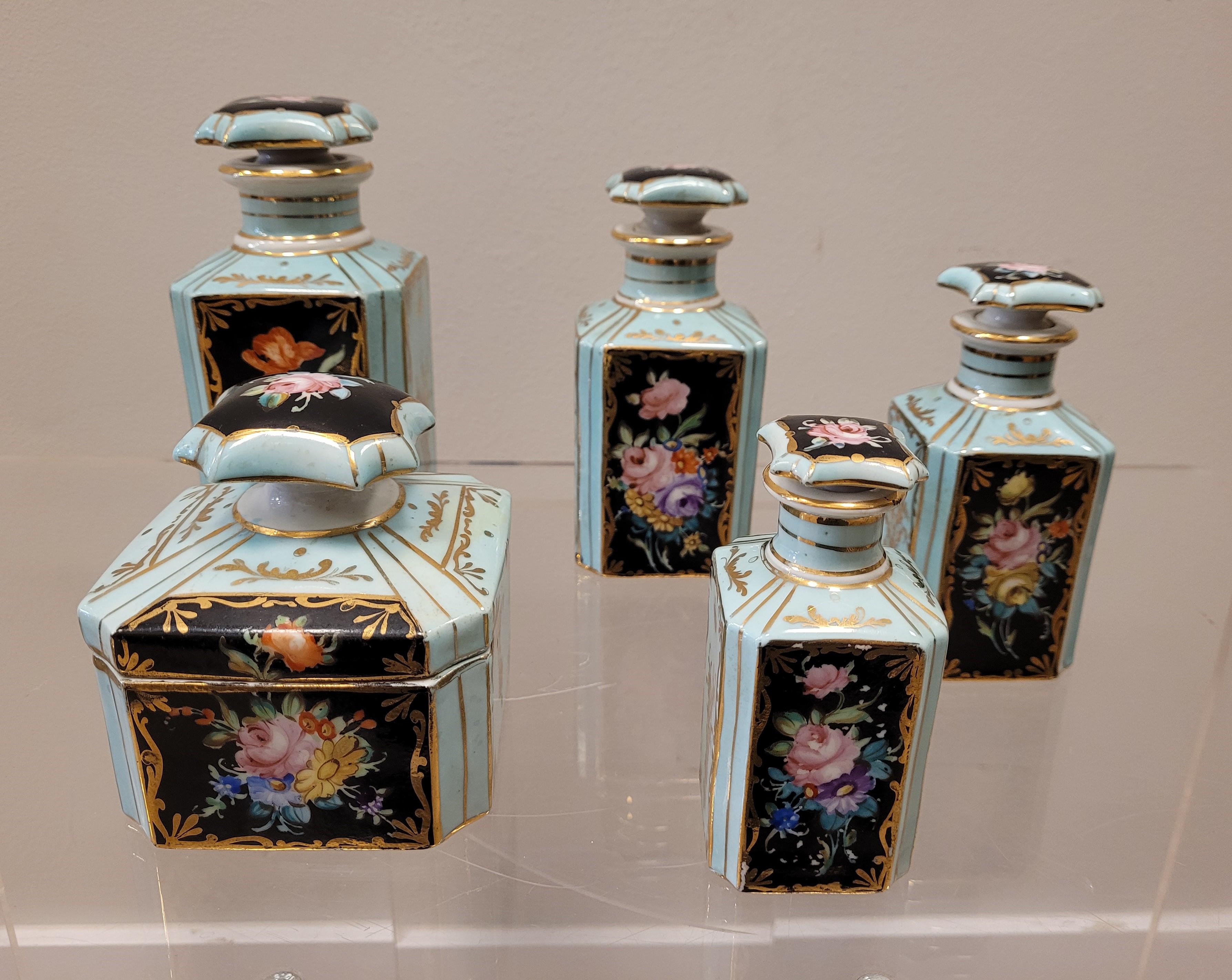 Blue Sevres France Set of Porcelain, 5 Pieces, Flowers, for a Dressing Table 4
