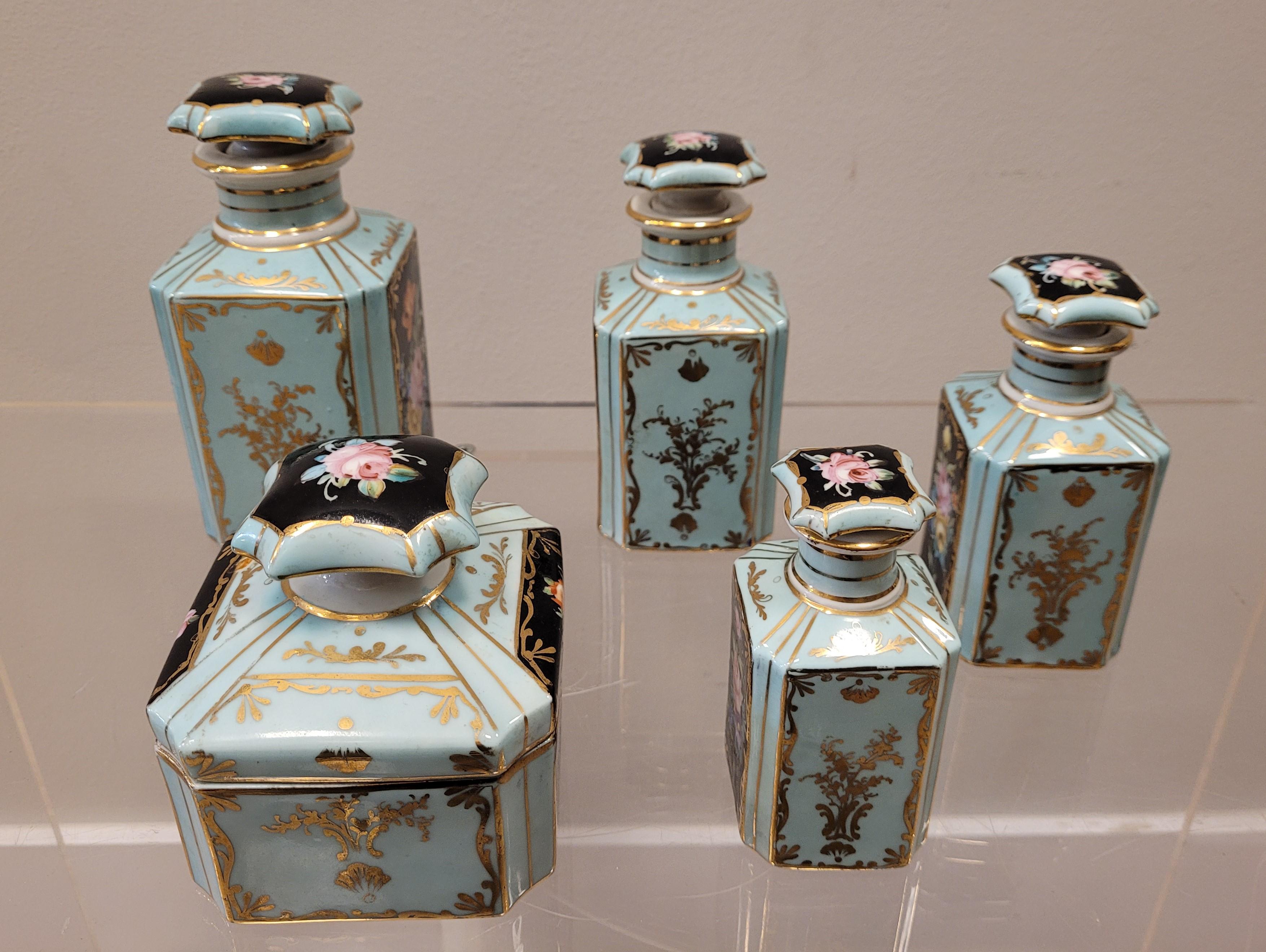 Blue Sevres France Set of Porcelain, 5 Pieces, Flowers, for a Dressing Table 5