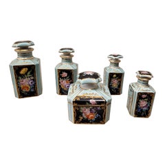 Blue Sevres France Set of Porcelain, 5 Pieces, Flowers, for a Dressing Table