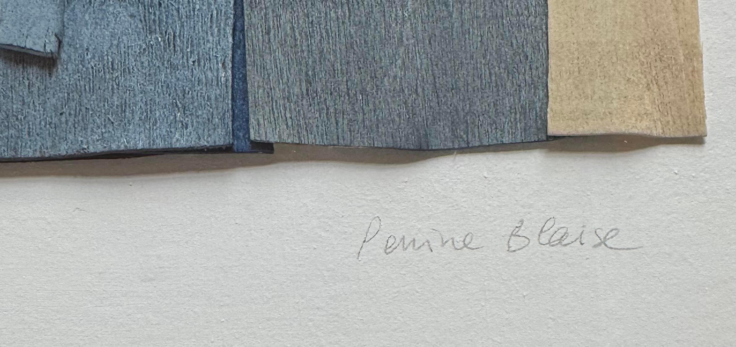 Contemporary French artist Perrine Blaise paints on thin slices of wood.
Weathered effect in shades of blue.
Abstract shapes.
Newly framed in white wood.
Part of a collection of four pieces.
Signed by the artist.