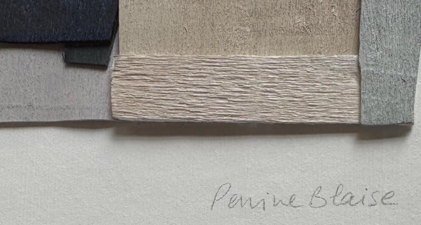 Contemporary French artist Perrine Blaise paints on thin slices of wood.
Weathered effect in shades of blue with sage green, tan and pale grey slices.
Abstract shapes.
Newly framed in white wood.
Part of a collection of four pieces.
Signed by the