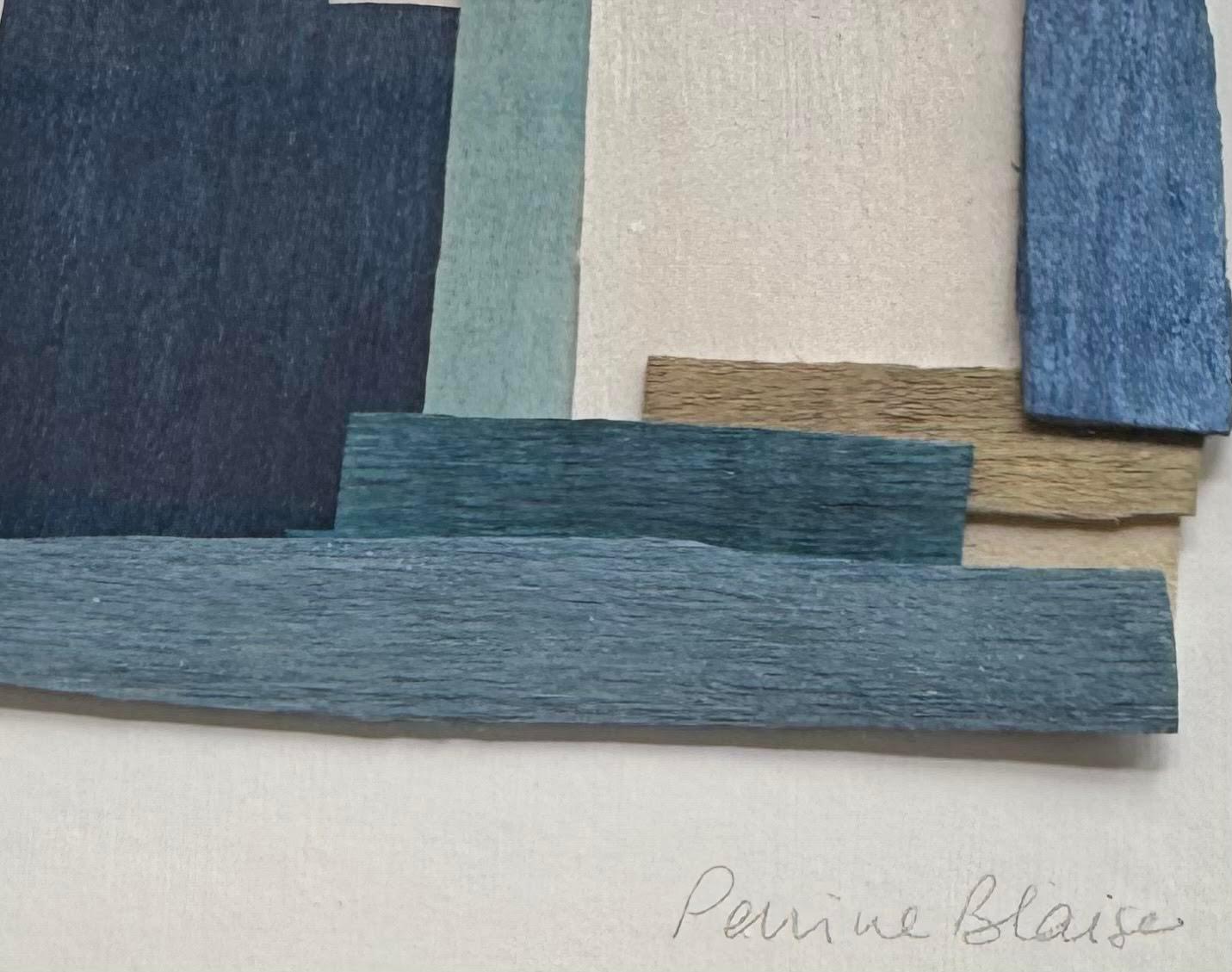 Contemporary French artist Perrine Blaise paints on thin slices of wood.
Weathered effect in shades of blue with sage green, white and tan slices.
Abstract shapes.
Newly framed in white wood.
Part of a collection of four pieces.
Signed by the artist.