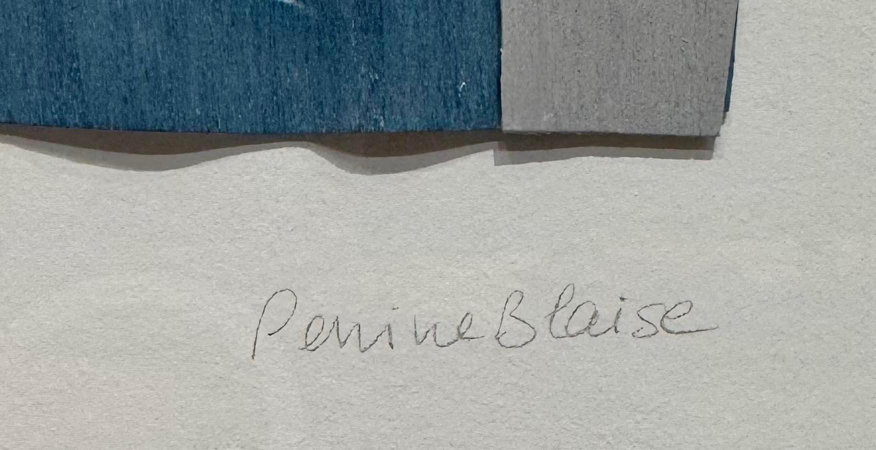 Contemporary French artist Perrine Blaise paints on thin slices of wood.
Weathered effect in shades of blue with sage green, white and tan slices.
Abstract shapes.
Newly framed in white wood.
Part of a collection of four pieces.
Signed by the artist.