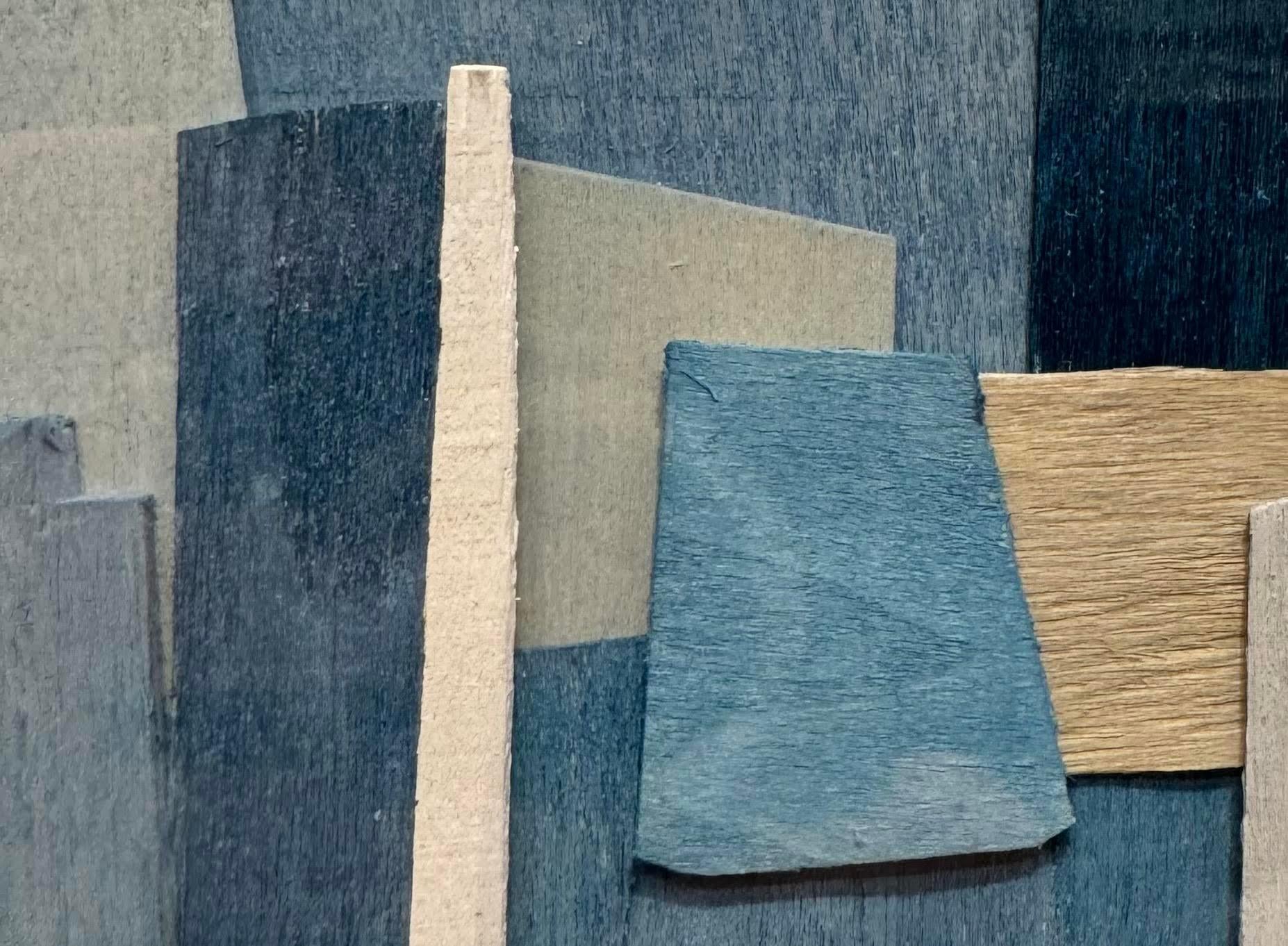 Francese Blue Shades Thin Painted Wood Slice Art By Perrine Blaise, France, Contemporary in vendita