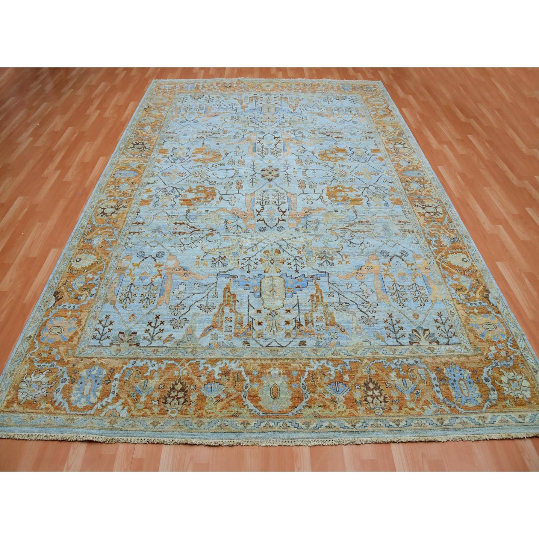 Blauer, geschorener, niedriger, handgeknüpfter, antiker, Heriz- Orientalischer Teppich aus Wolle 9'0