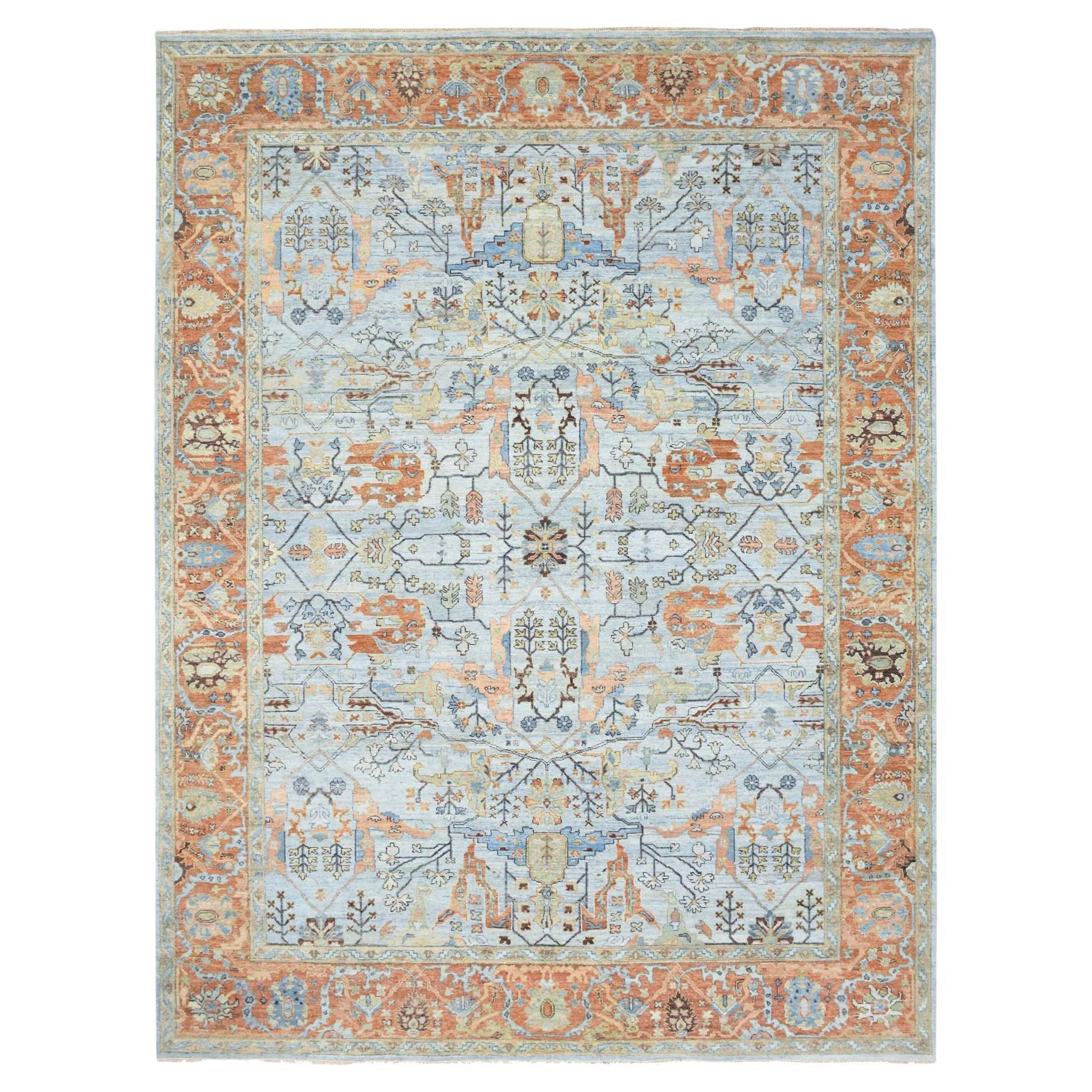 Blauer, geschorener, niedriger, handgeknüpfter, antiker, Heriz- Orientalischer Teppich aus Wolle 9'0" x 11'10" im Angebot