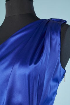 Blue silk asymmetrical cocktail dress with silver metal brooch Roberto Cavalli