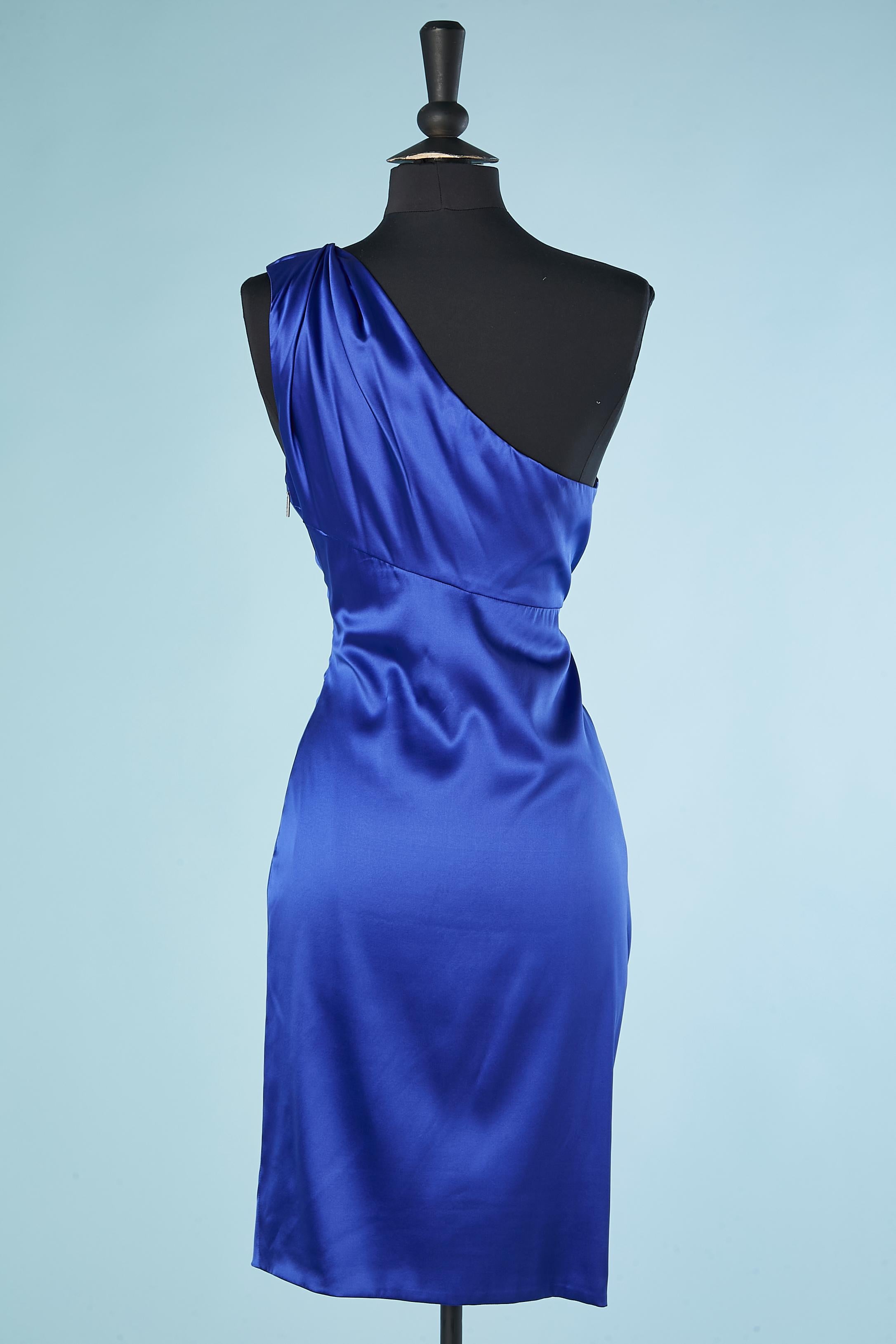 Women's Blue silk asymmetrical cocktail dress with silver metal brooch Roberto Cavalli  For Sale