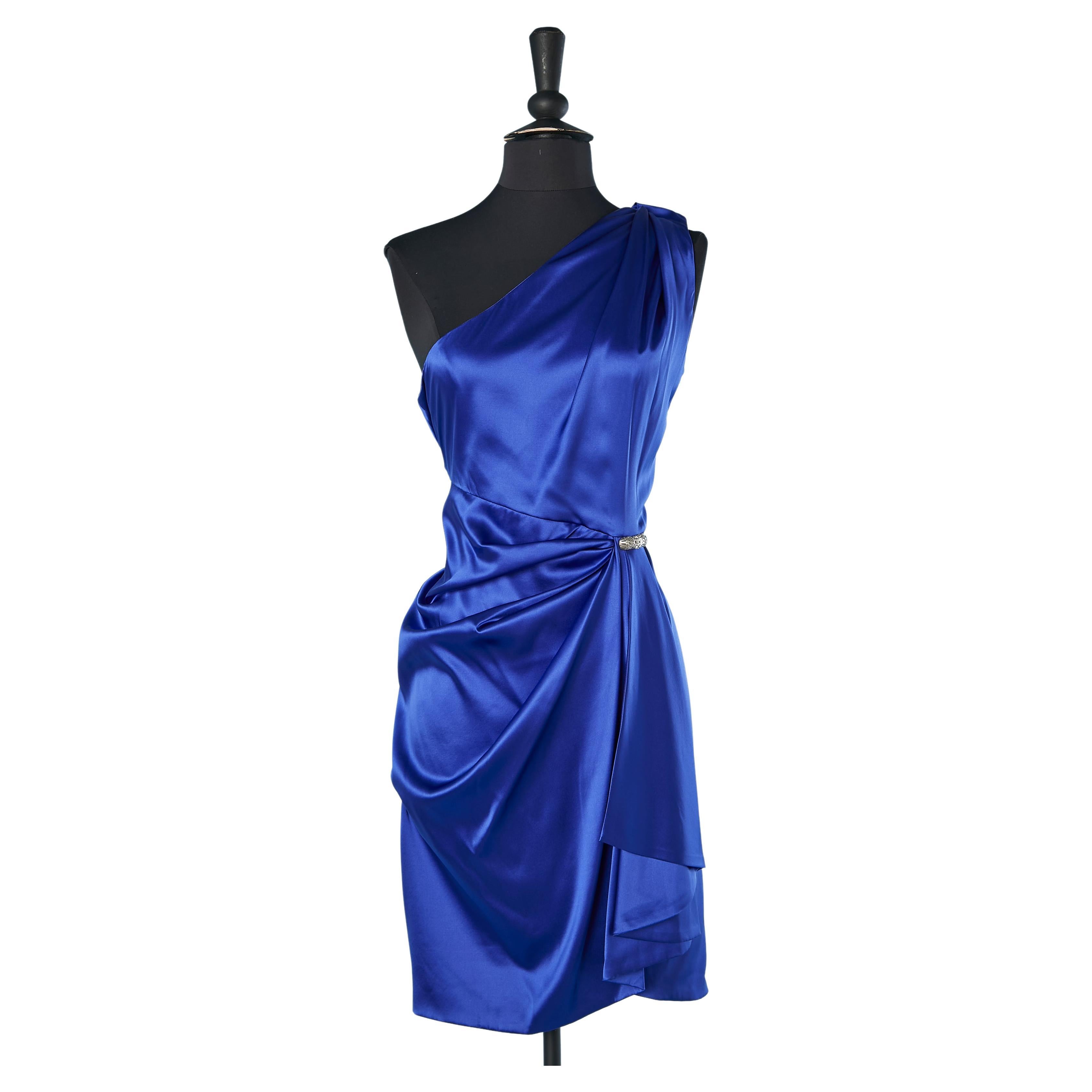 Blue silk asymmetrical cocktail dress with silver metal brooch Roberto Cavalli  For Sale