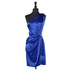 Blue silk asymmetrical cocktail dress with silver metal brooch Roberto Cavalli 