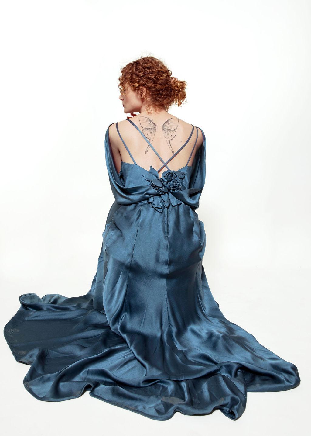 Blue Silk Gown with Back Rosettes In Fair Condition For Sale In Los Angeles, CA