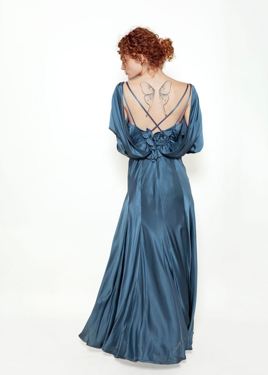 Blue Silk Gown with Back Rosettes For Sale 1