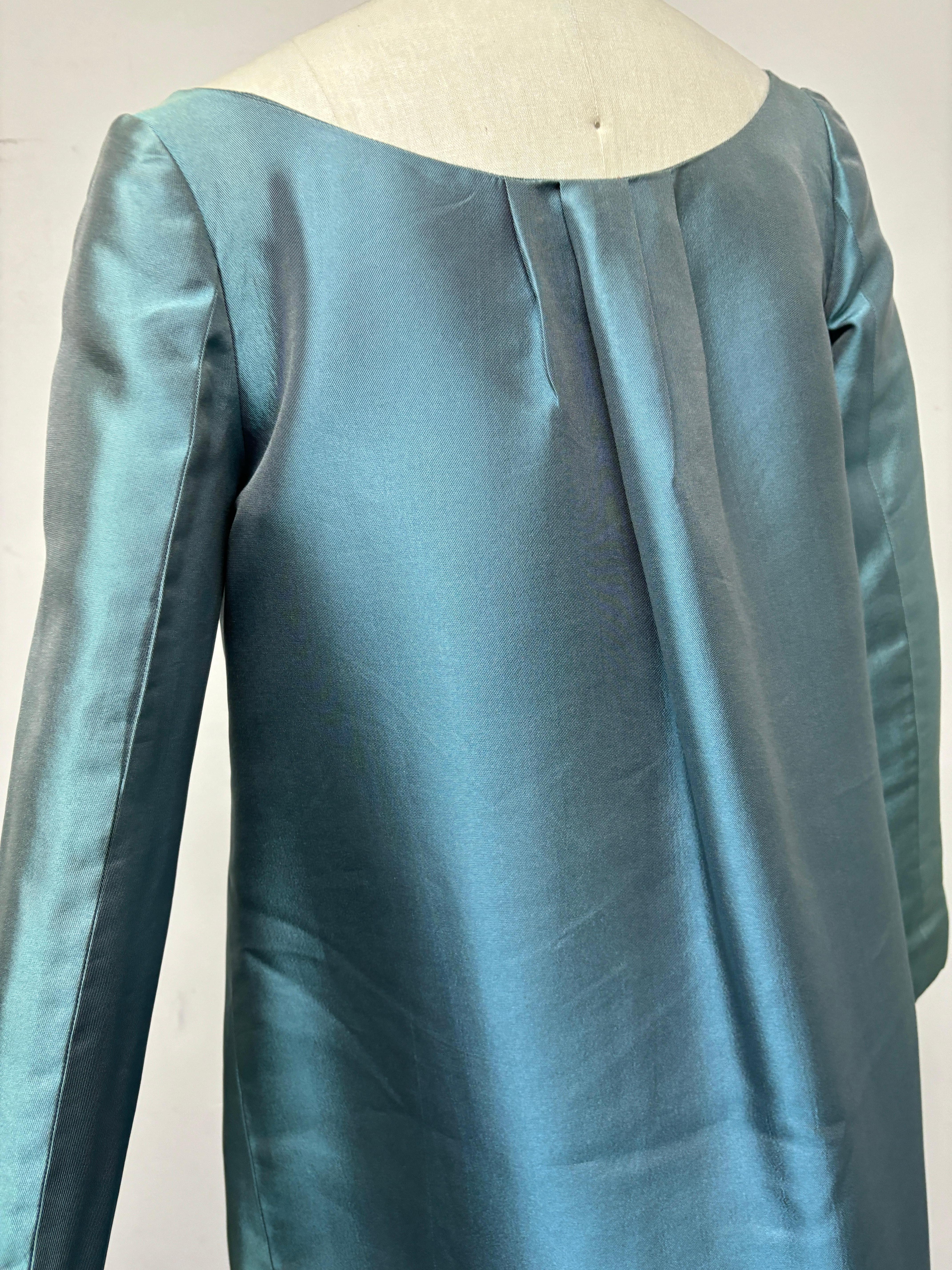 Blue Silk Mikado Collarless Coat For Sale 1