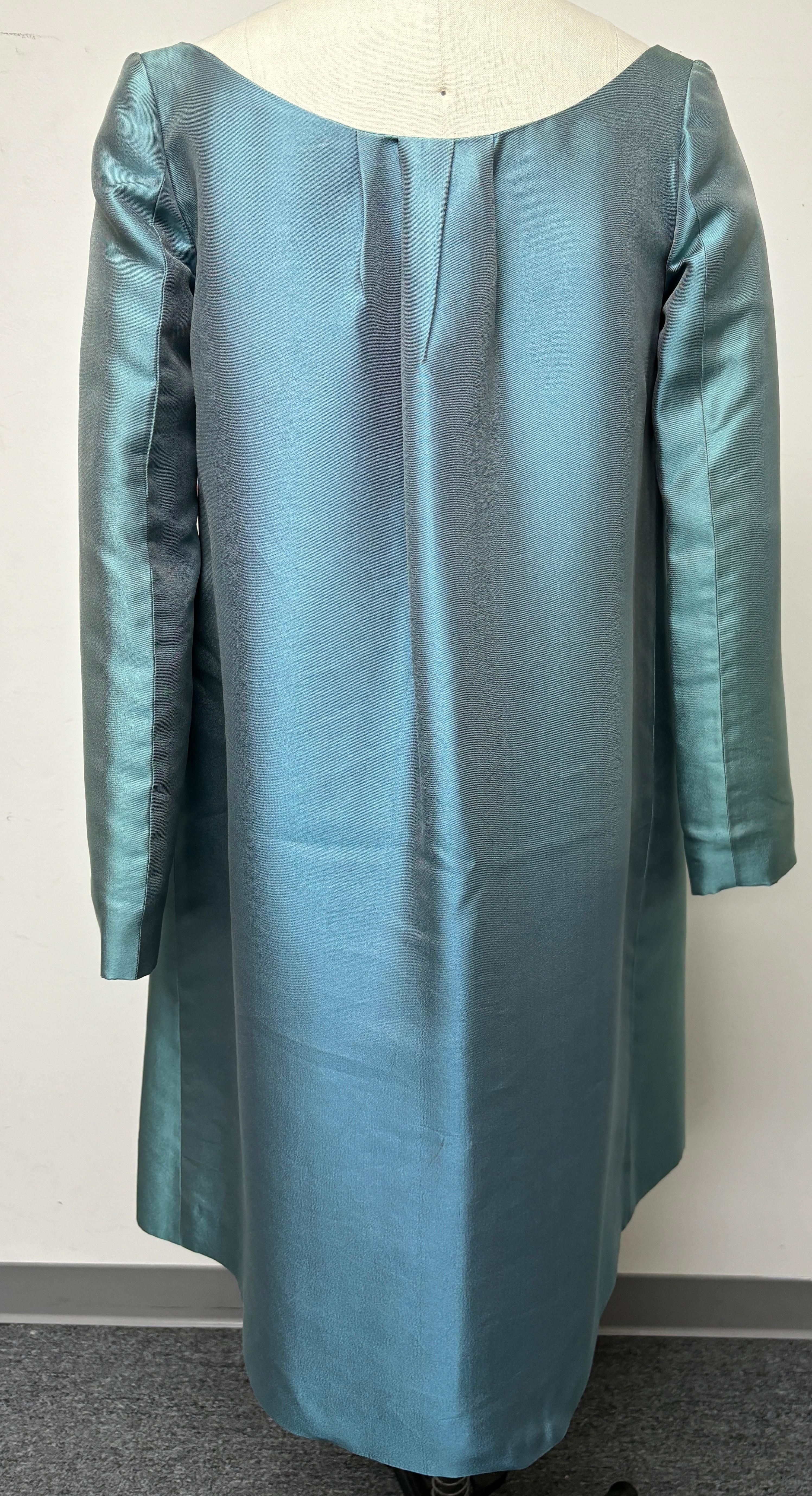Women's or Men's Blue Silk Mikado Collarless Coat For Sale