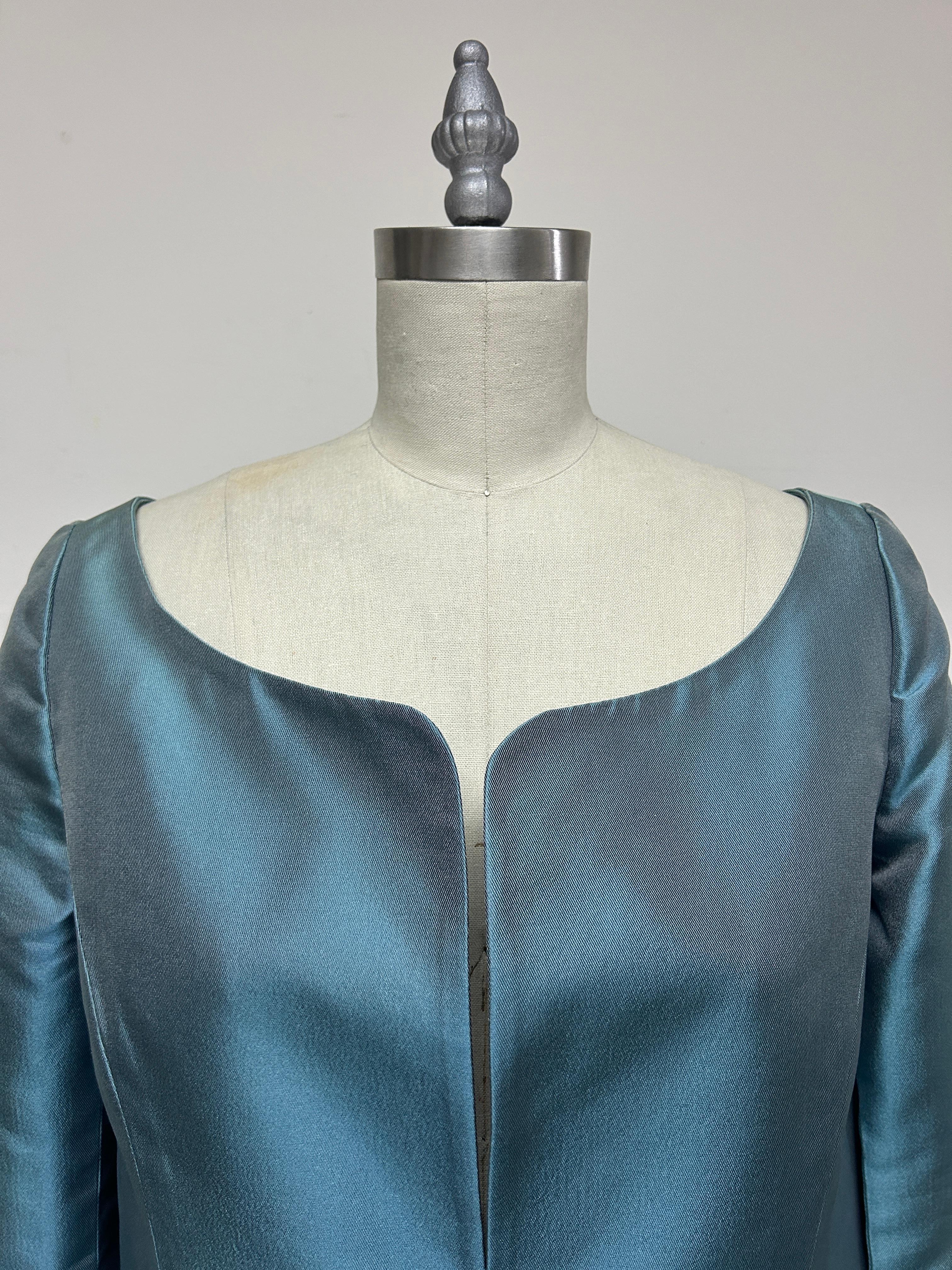 Blue Silk Mikado Collarless Coat For Sale 2