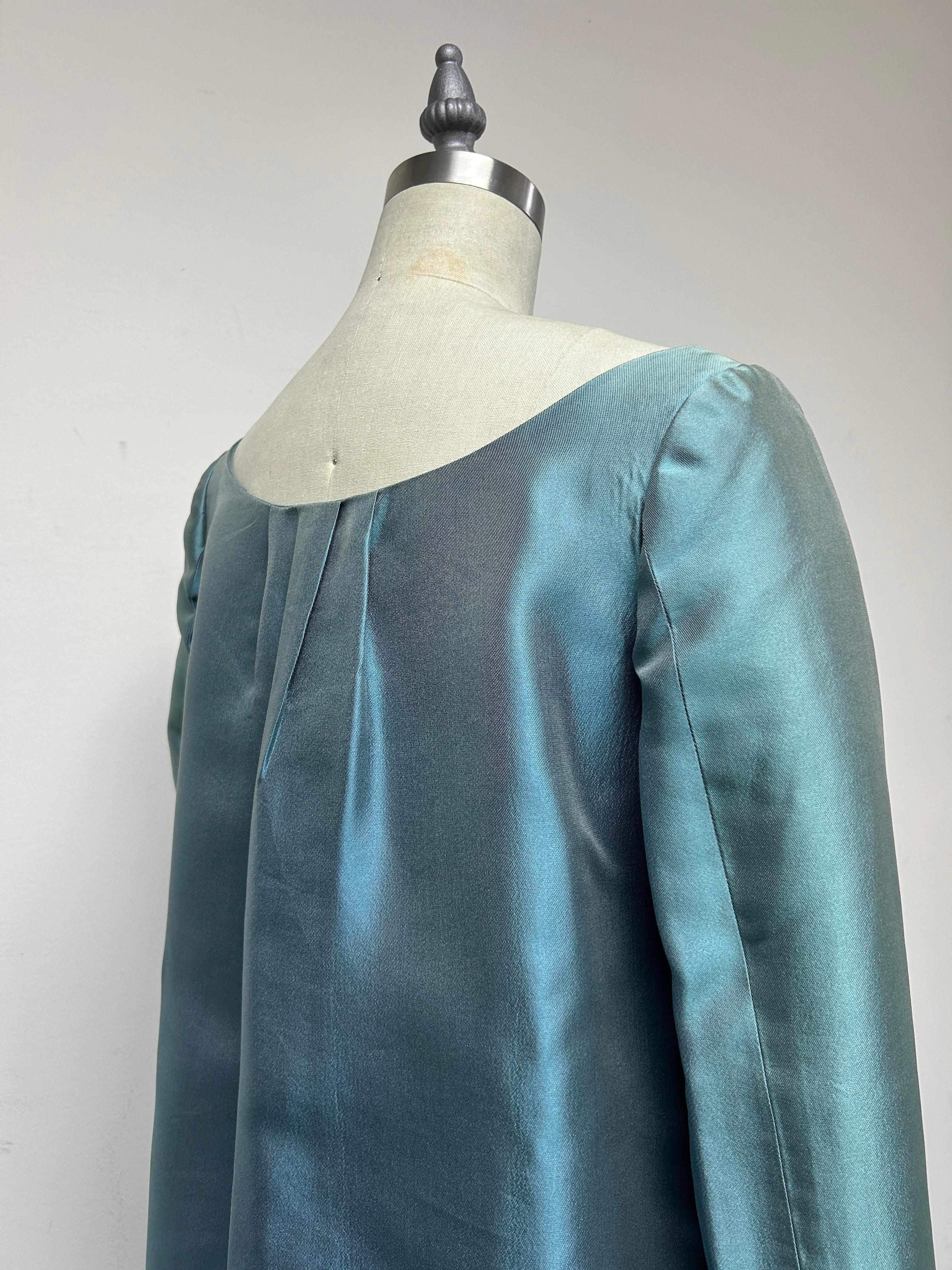 Blue Silk Mikado Collarless Coat For Sale 3