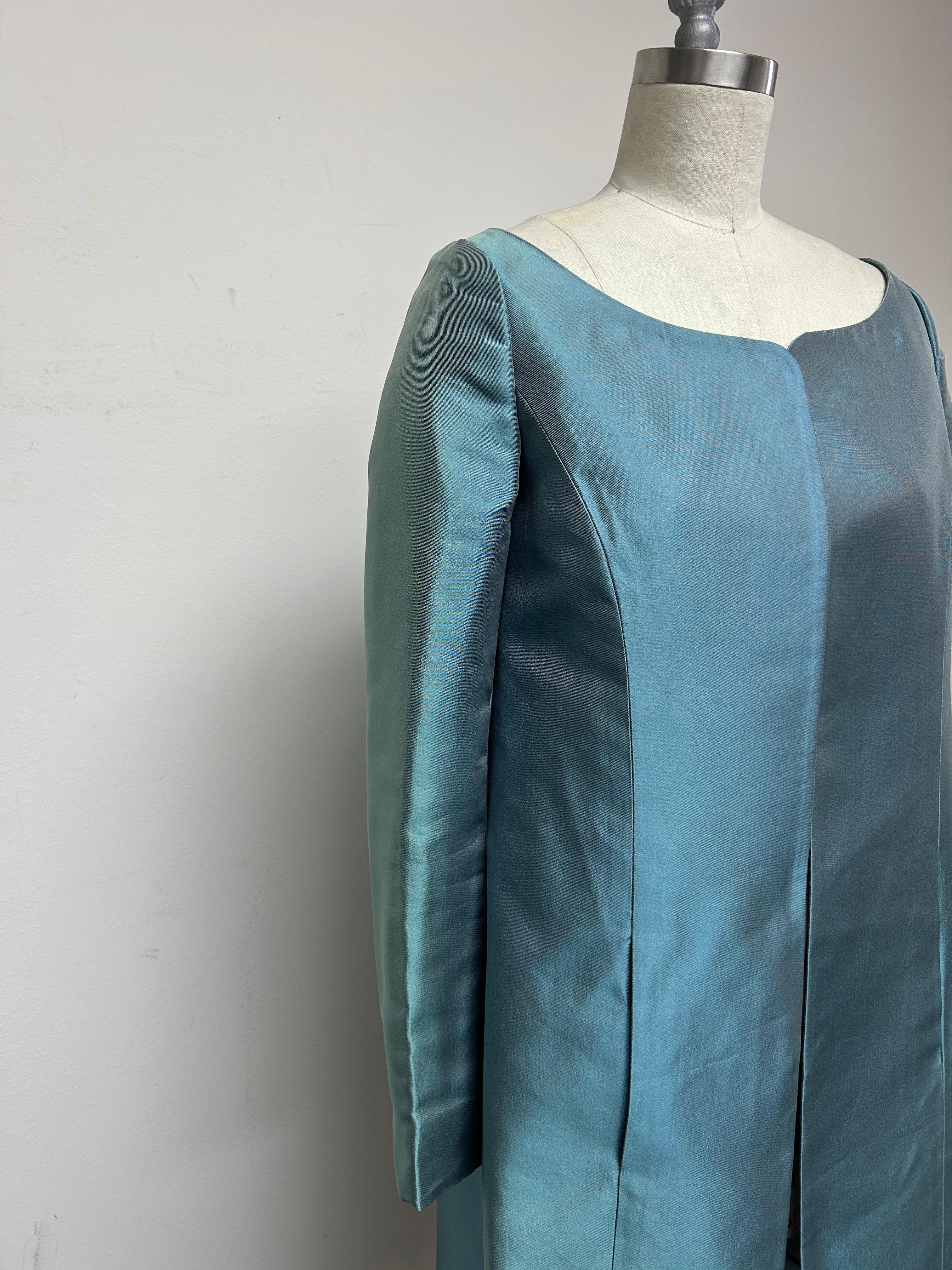 Blue Silk Mikado Collarless Coat For Sale 4