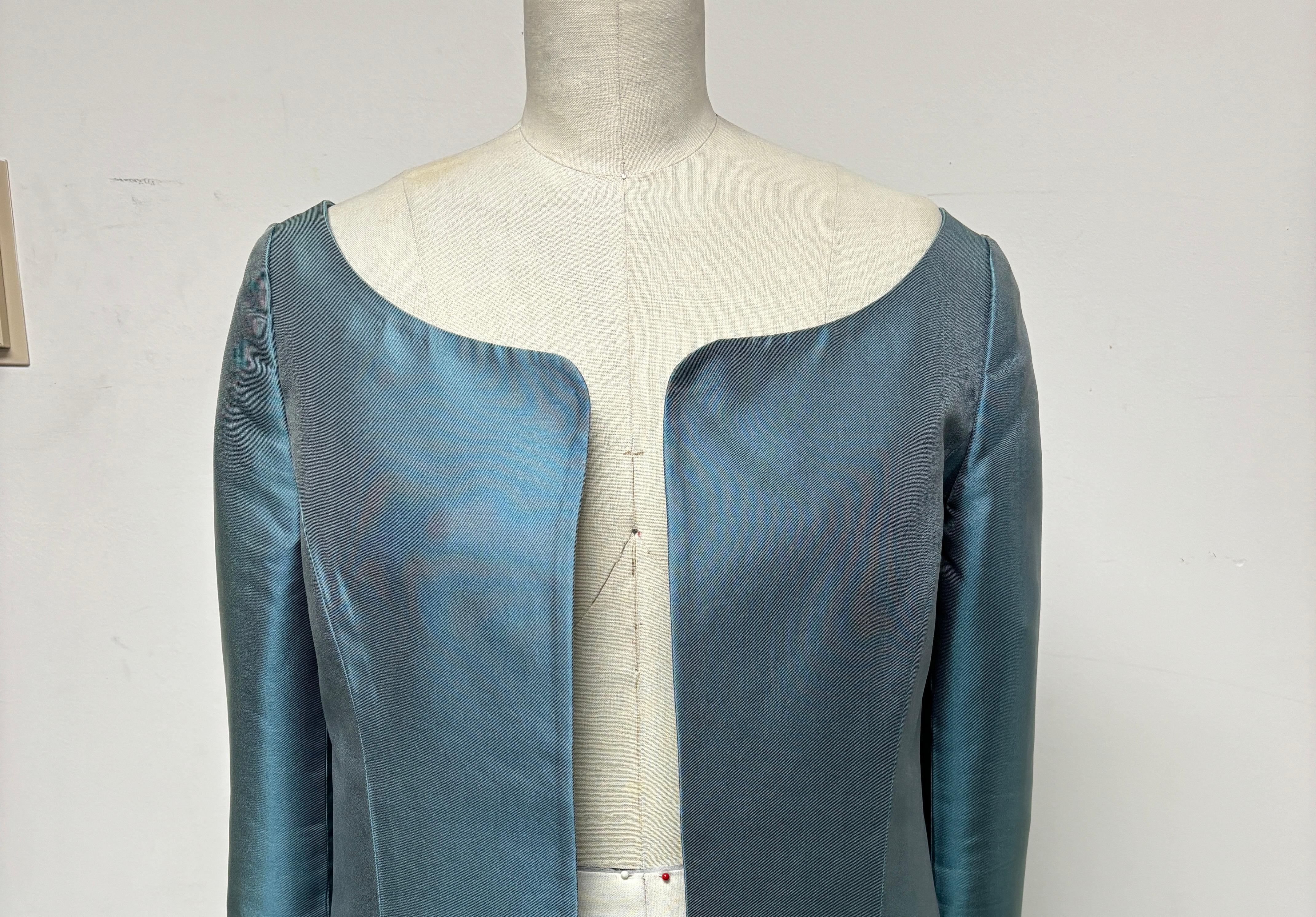 Blue Silk Mikado Collarless Coat For Sale 5