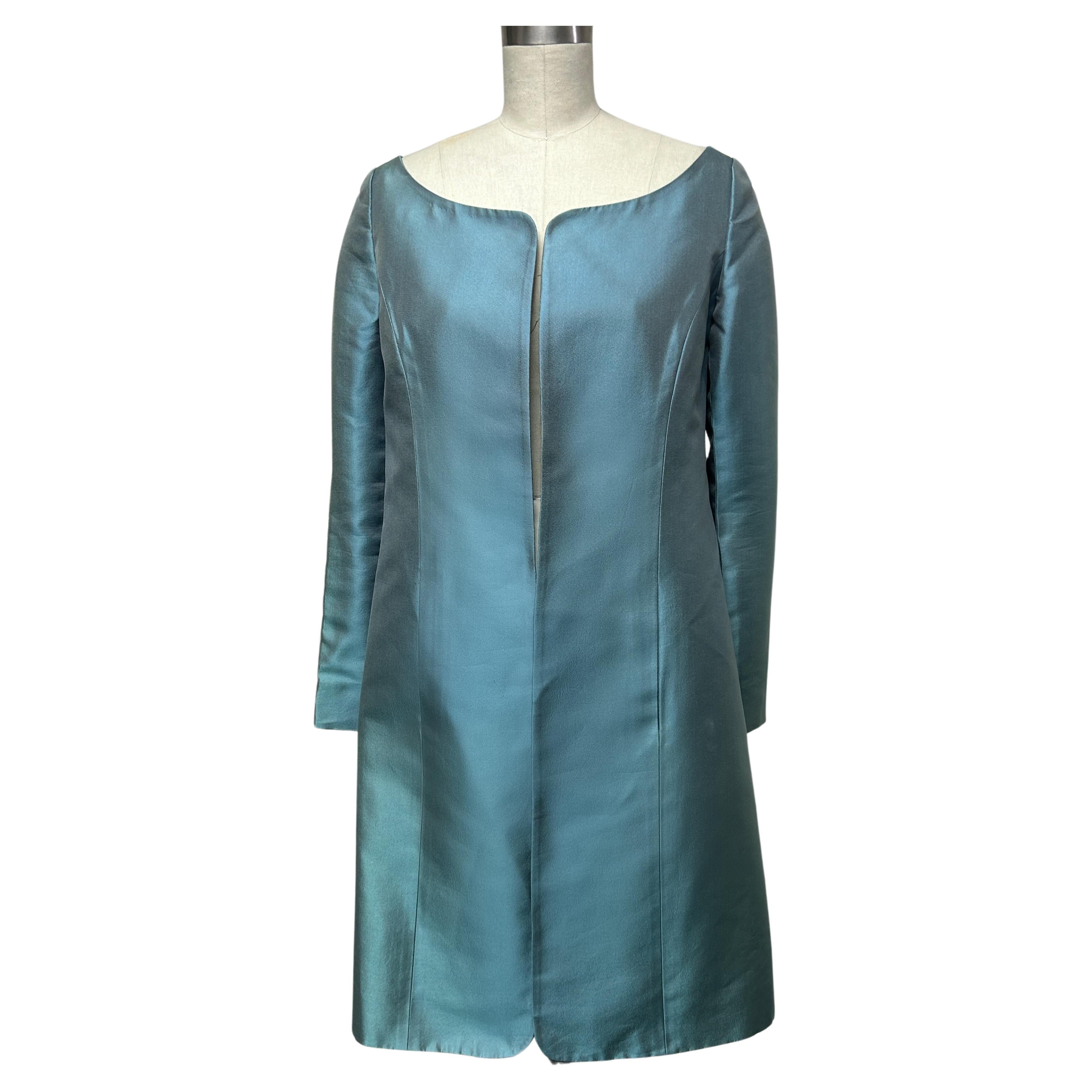 Blue Silk Mikado Collarless Coat For Sale