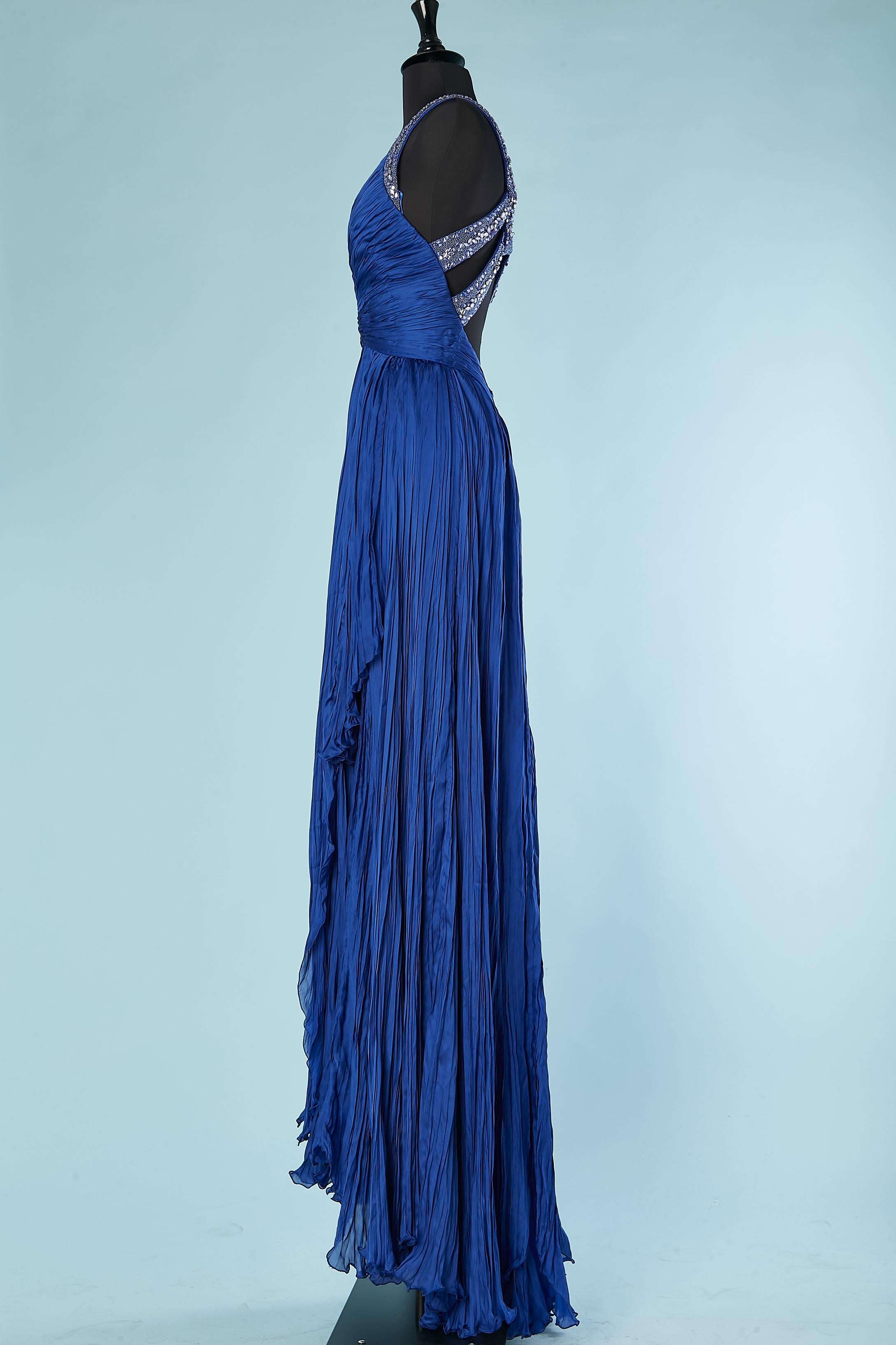 Blue silk pleated evening dress with crinkle effect & beadwork Roberto Cavalli  For Sale 1