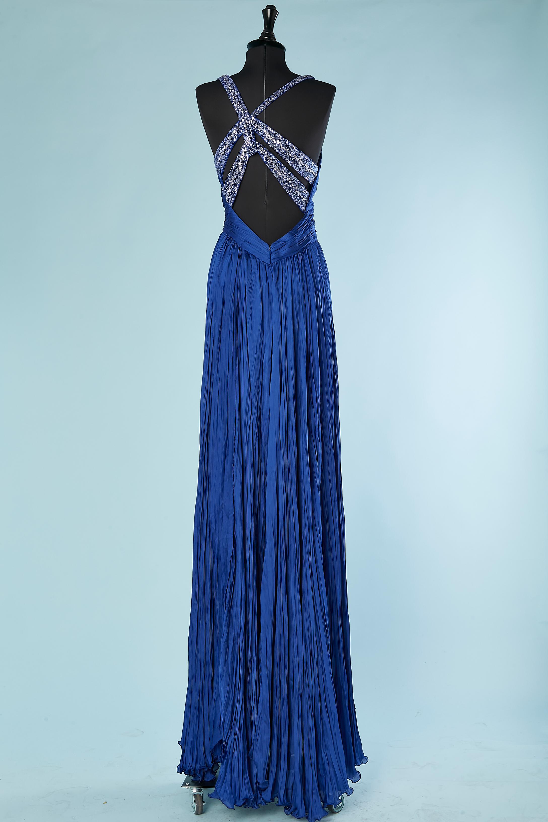 Blue silk pleated evening dress with crinkle effect & beadwork Roberto Cavalli  For Sale 2