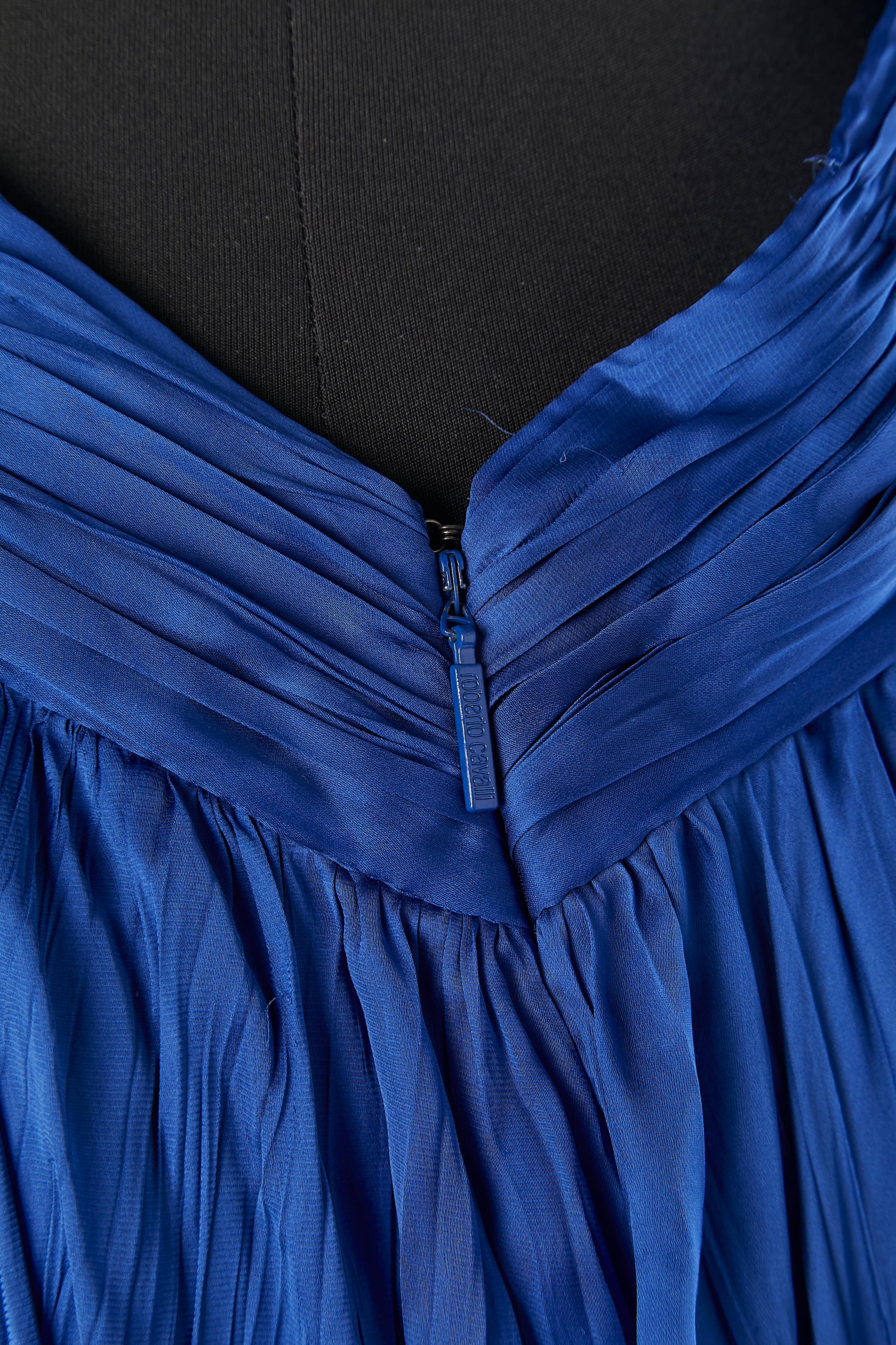 Blue silk pleated evening dress with crinkle effect & beadwork Roberto Cavalli  For Sale 4