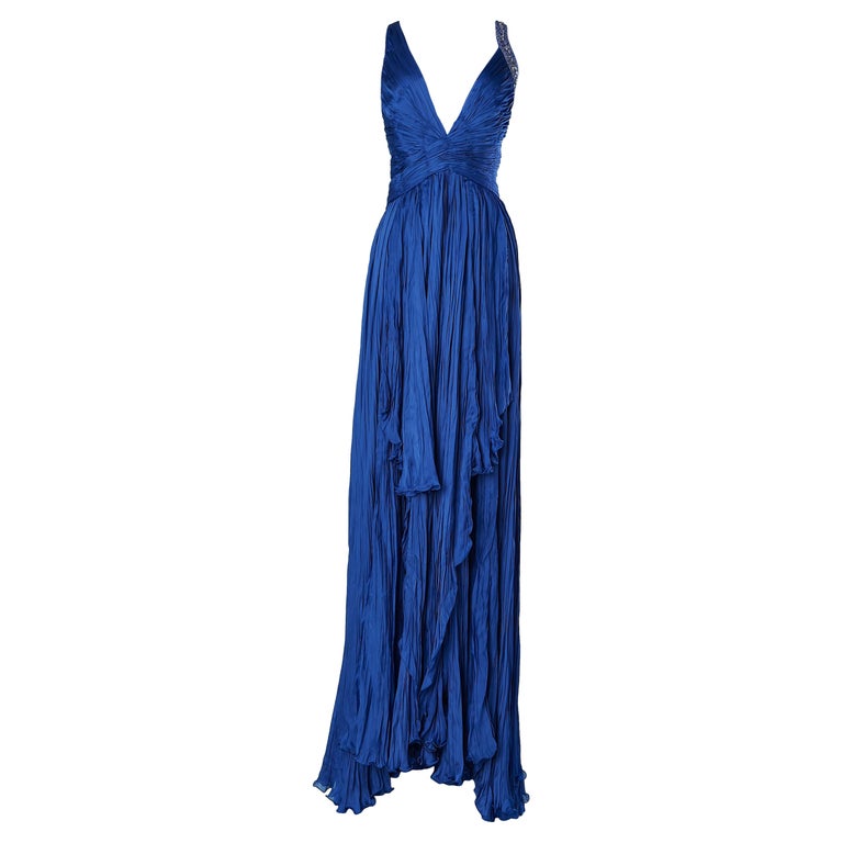Blue silk pleated evening dress with crinkle effect and beadwork Roberto Cavalli For Sale at 1stDibs