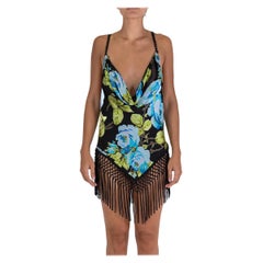 Blue Silk Satin Flower Print Burnout Bias Cut Dress With Rayon Fringe Hem