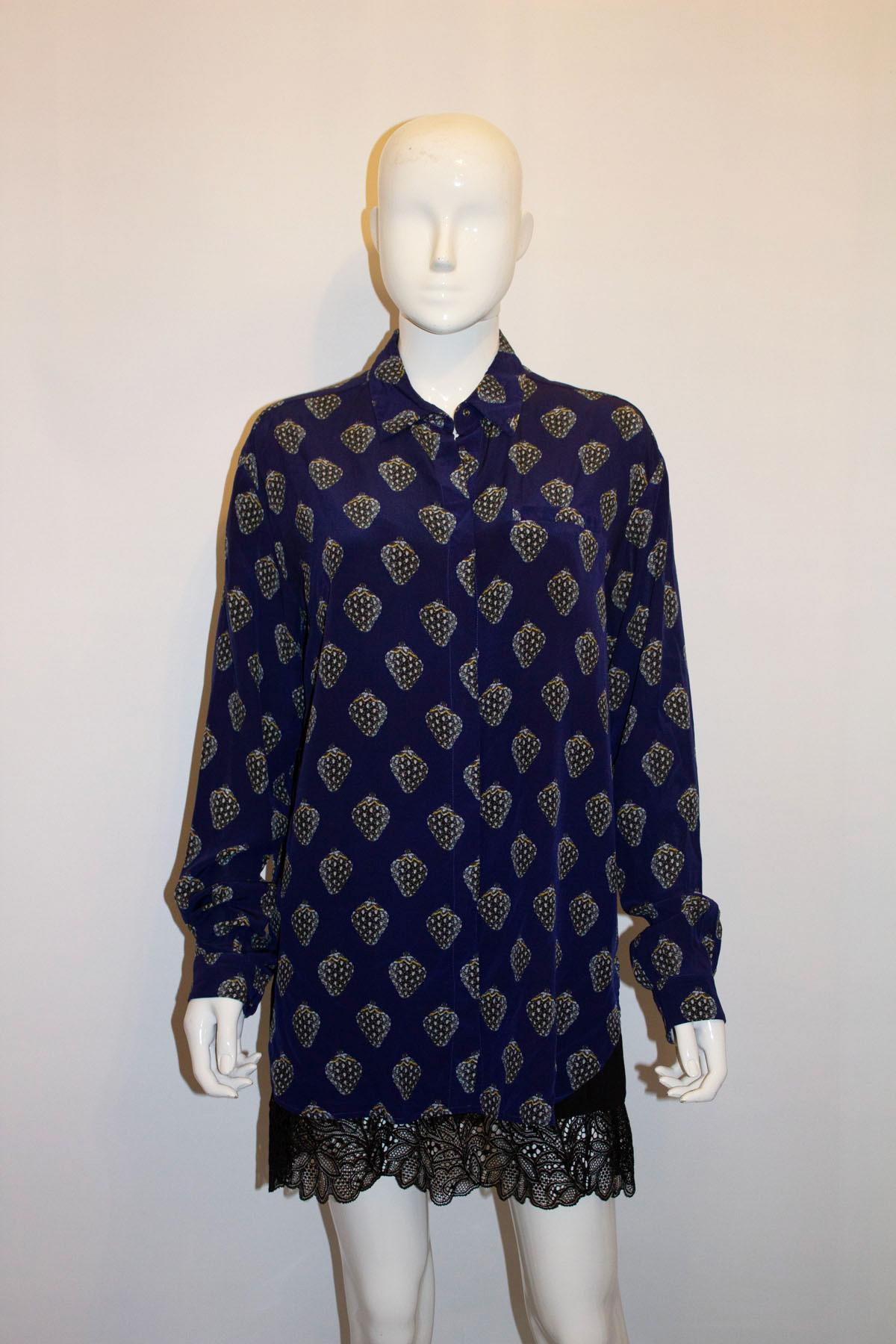 Blue Silk Shirt with Strawberry Print by Markus Lupfer In Good Condition For Sale In London, GB