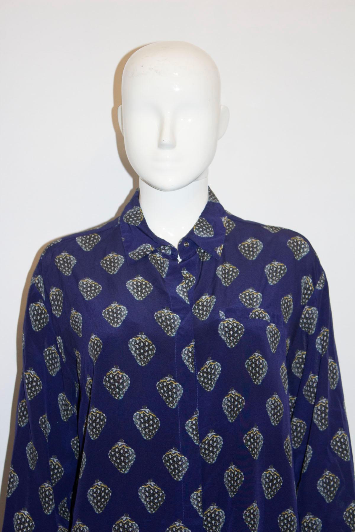 Women's or Men's Blue Silk Shirt with Strawberry Print by Markus Lupfer For Sale