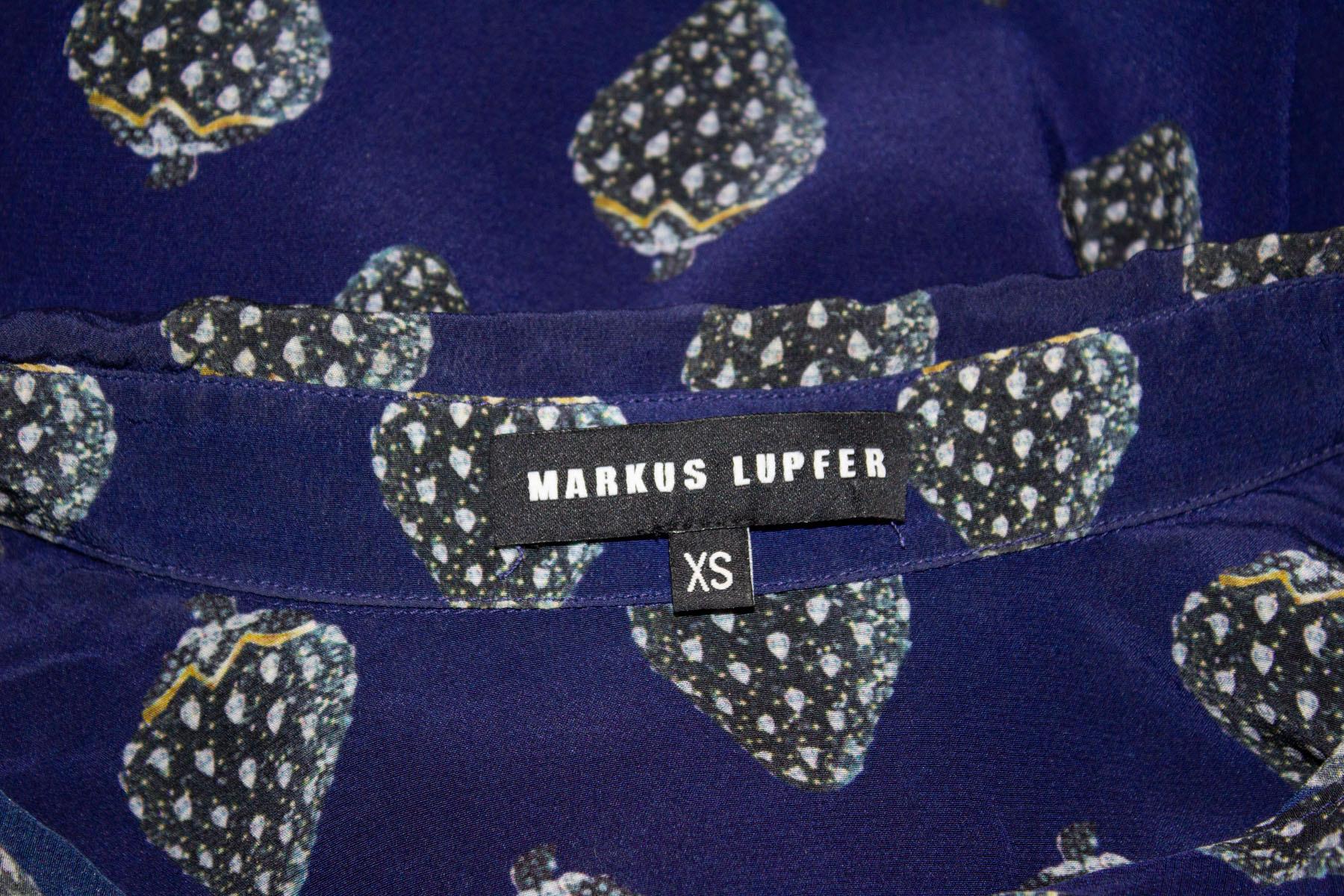 Blue Silk Shirt with Strawberry Print by Markus Lupfer For Sale 1