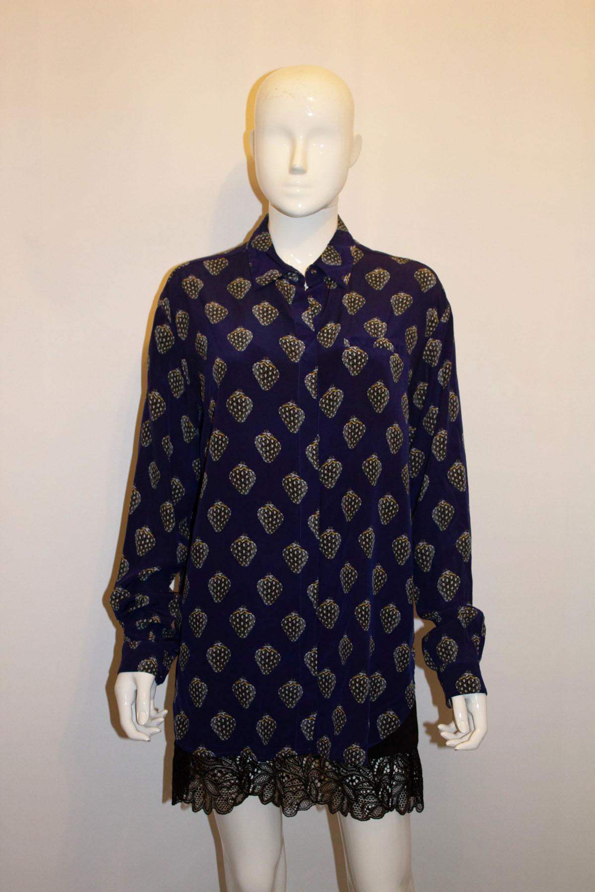 Blue Silk Shirt with Strawberry Print by Markus Lupfer For Sale 2