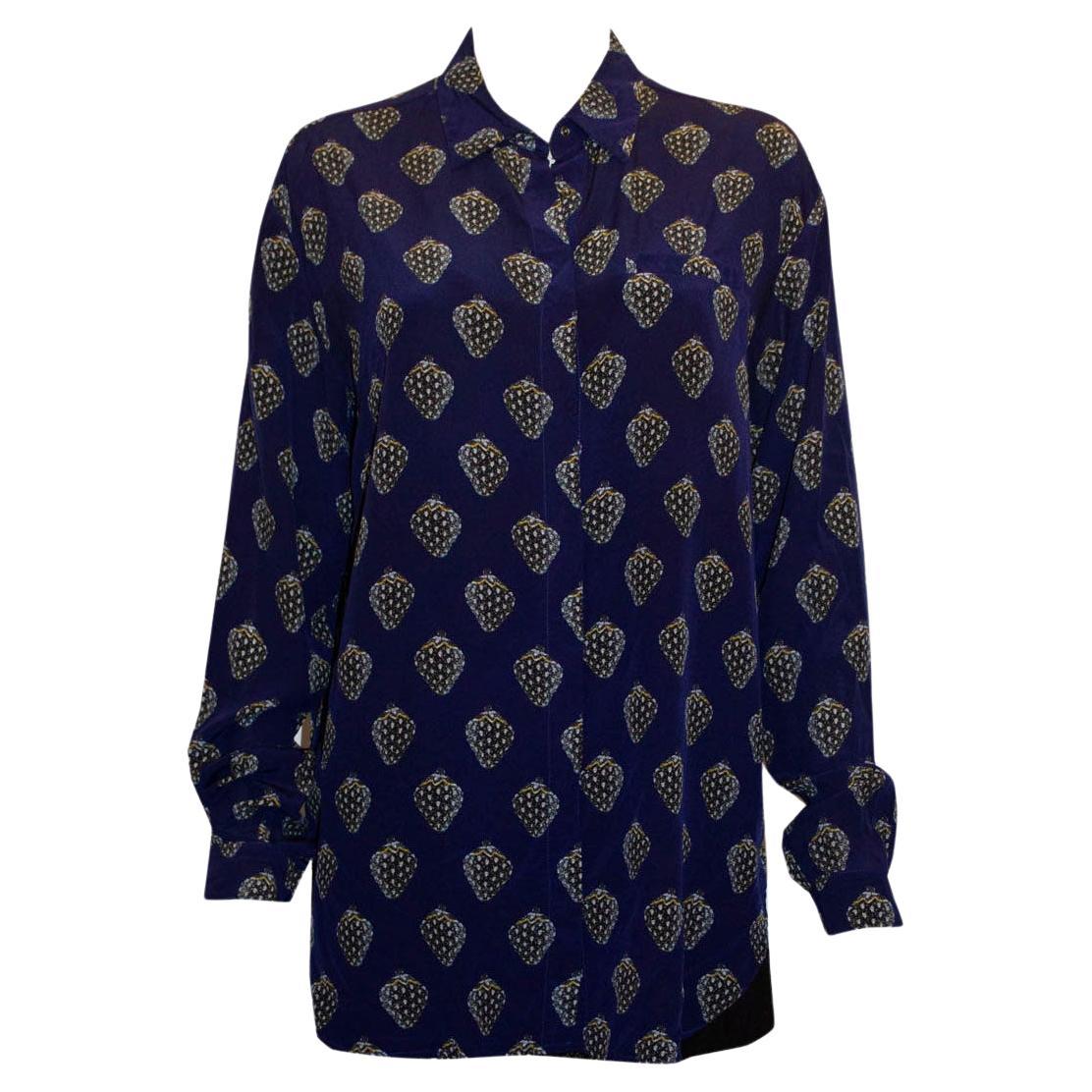Blue Silk Shirt with Strawberry Print by Markus Lupfer For Sale