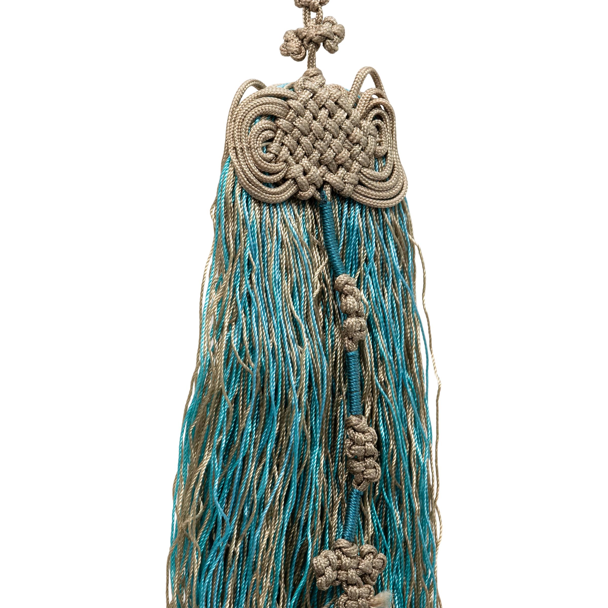 Chinese Blue Silk Tassel with Celebratory Charm In Good Condition For Sale In Chicago, IL