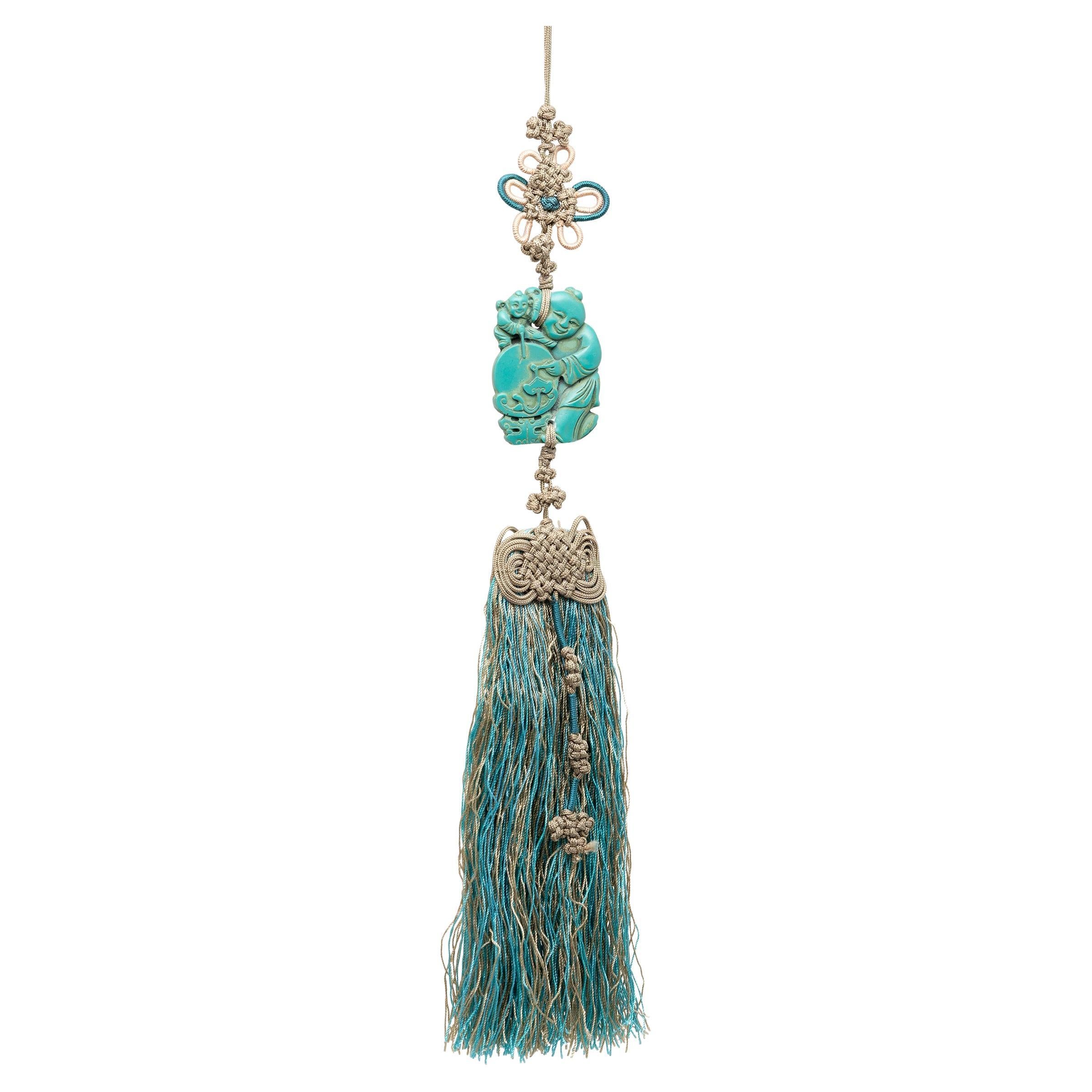 Chinese Blue Silk Tassel with Celebratory Charm For Sale